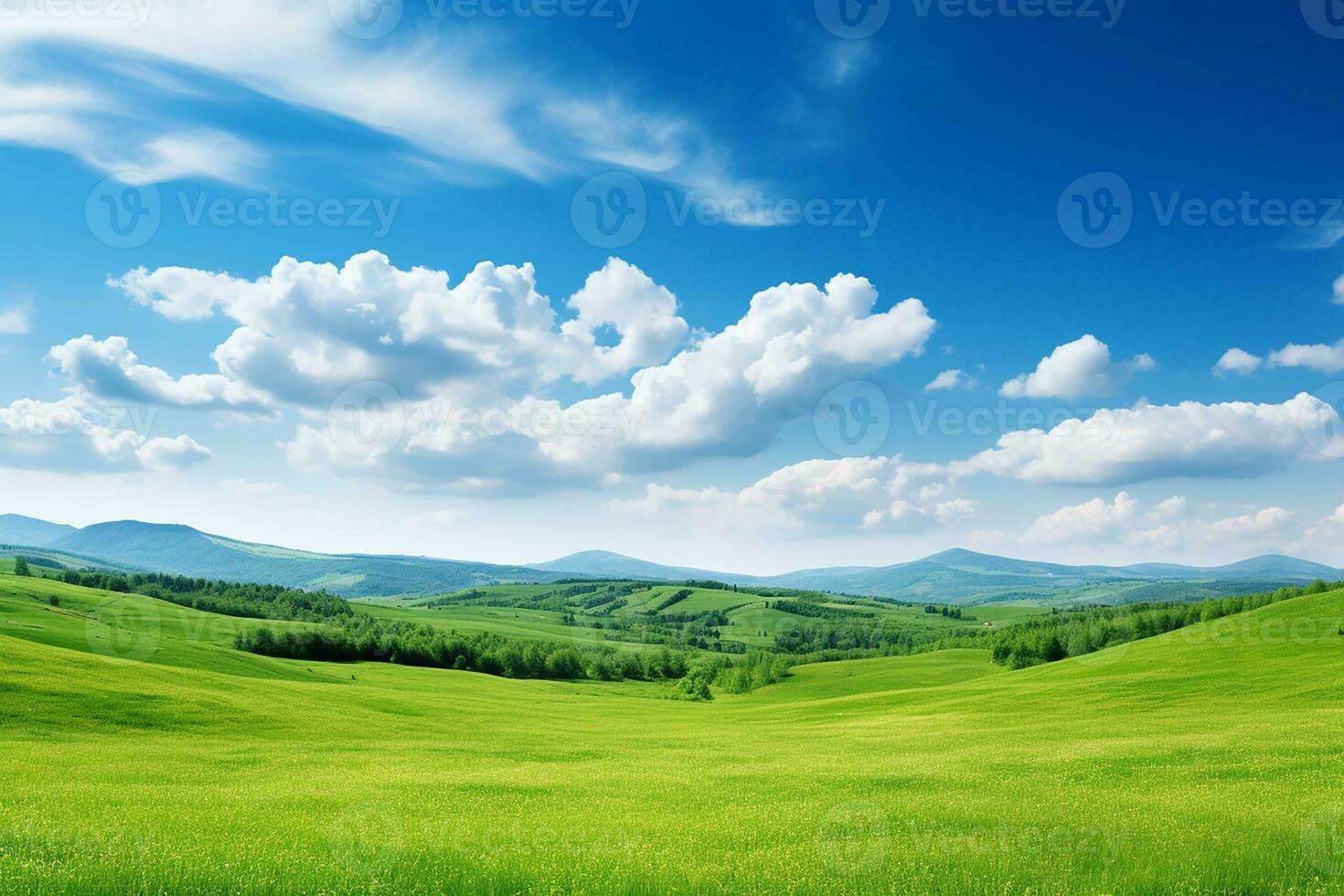 ai généré magnifique flou Contexte image de printemps la nature avec une soigneusement taillé pelouse entouré par des arbres contre une bleu ciel avec des nuages sur une brillant ensoleillé journée photo