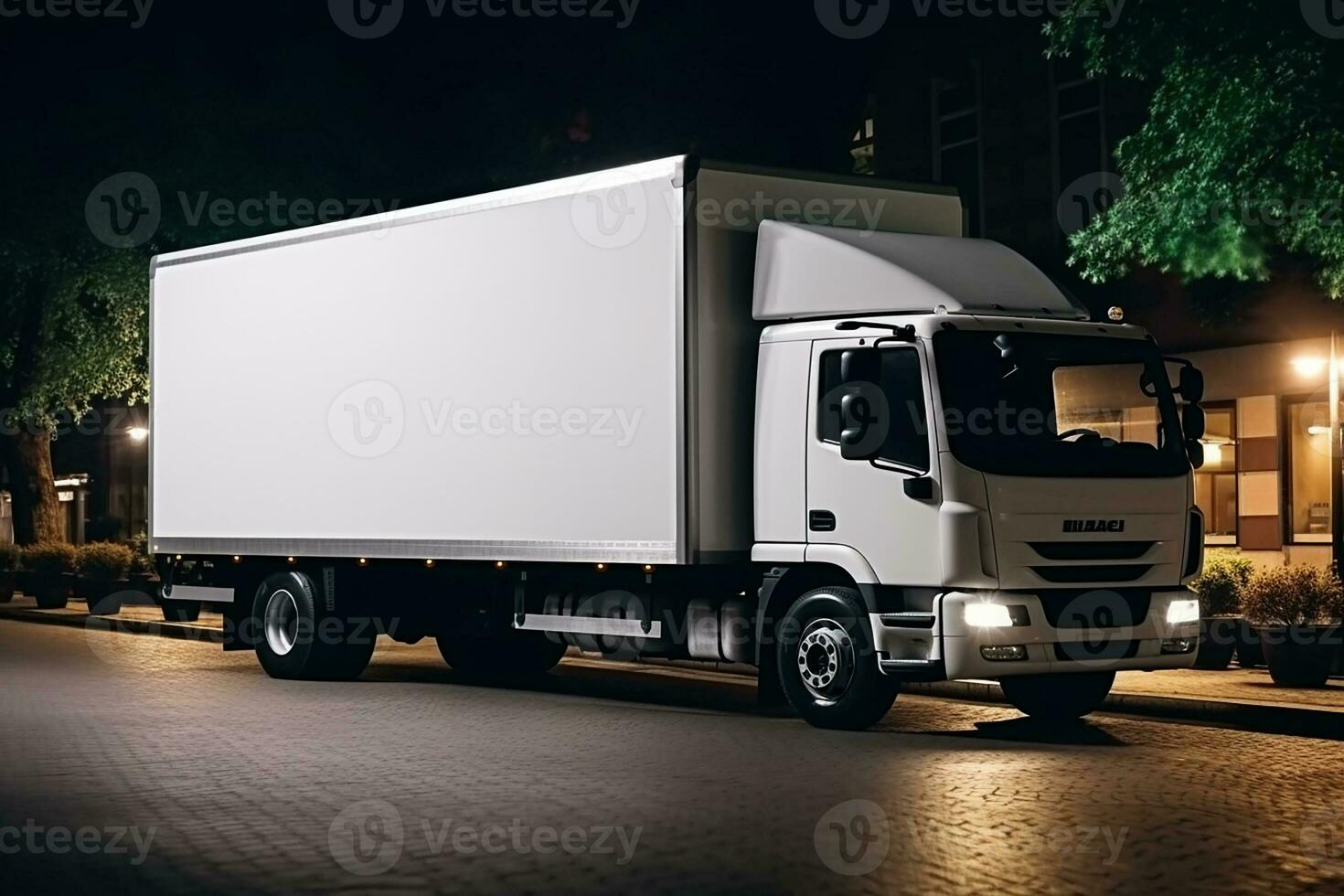 ai généré une blanc vide un camion maquette sur le route dans nuit photo