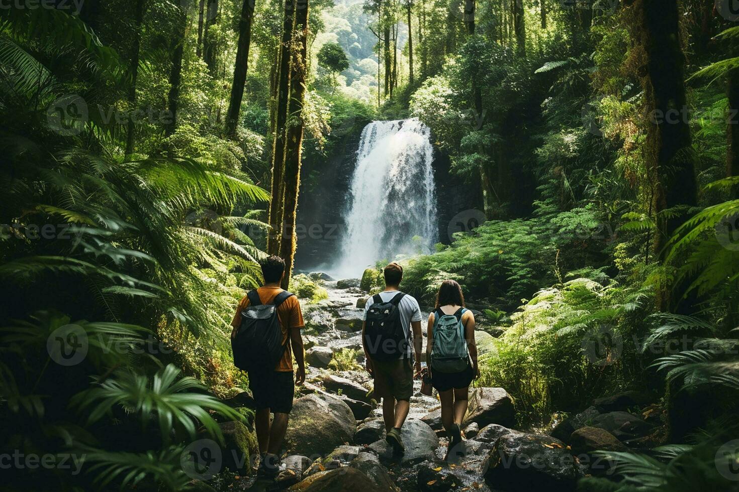 ai généré gens en voyageant dans le milieu de le forêt photo