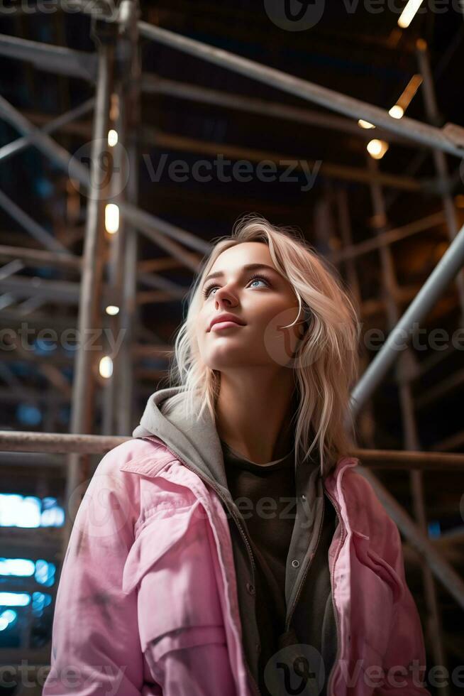 ai généré une femme est permanent dans un industriel structure avec poutres et échafaudage photo