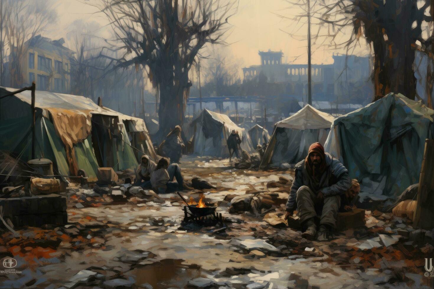 ai généré non identifié sans abri mendiant dans le réfugié camp, sans abri et dans la pauvreté dans une tente ville, ai généré photo