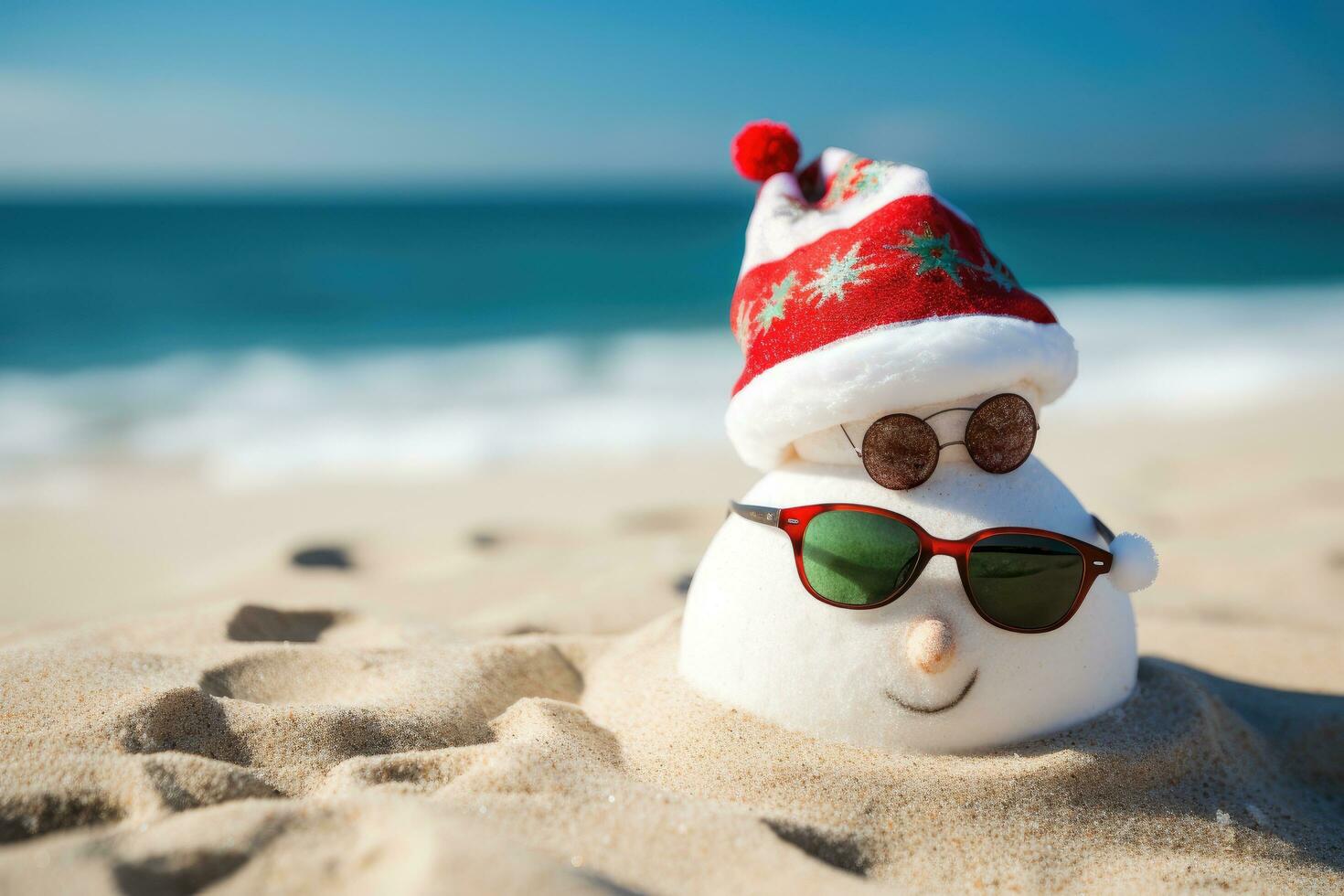 ai généré bonhomme de neige portant des lunettes de soleil sur le plage. Noël et Nouveau année concept, content sablonneux bonhomme de neige avec des lunettes de soleil et Père Noël chapeau sur une ensoleillé Noël journée après-midi, ai généré photo