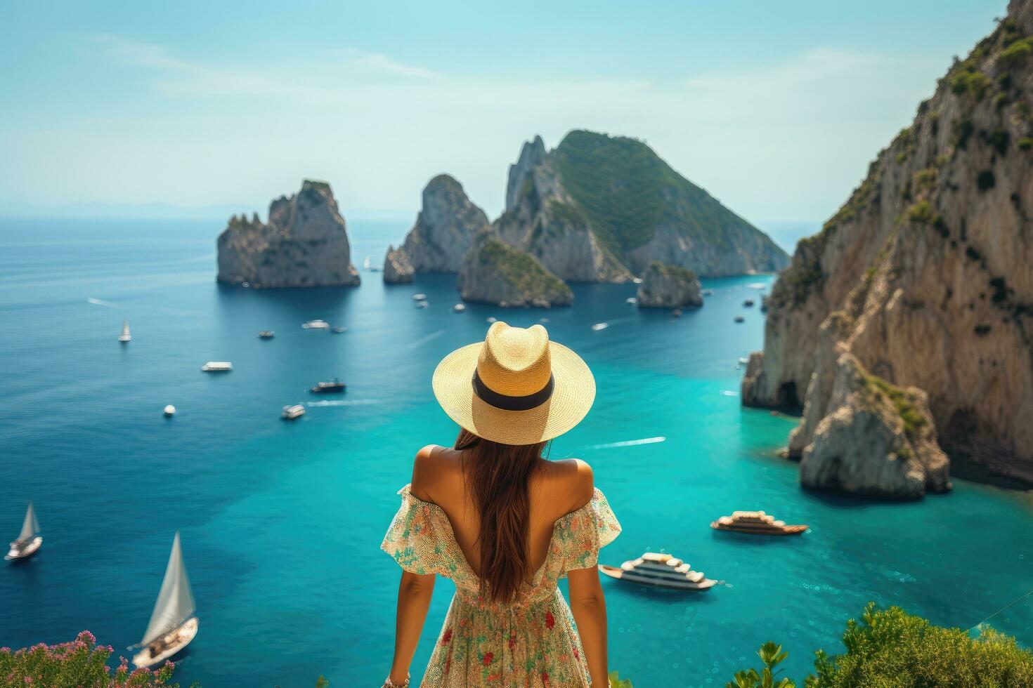 ai généré Jeune femme dans chapeau et robe profiter vue de magnifique corsaire île, Italie, vacances sur corsaire île, retour vue de une magnifique mode fille profiter le vue de, ai généré photo