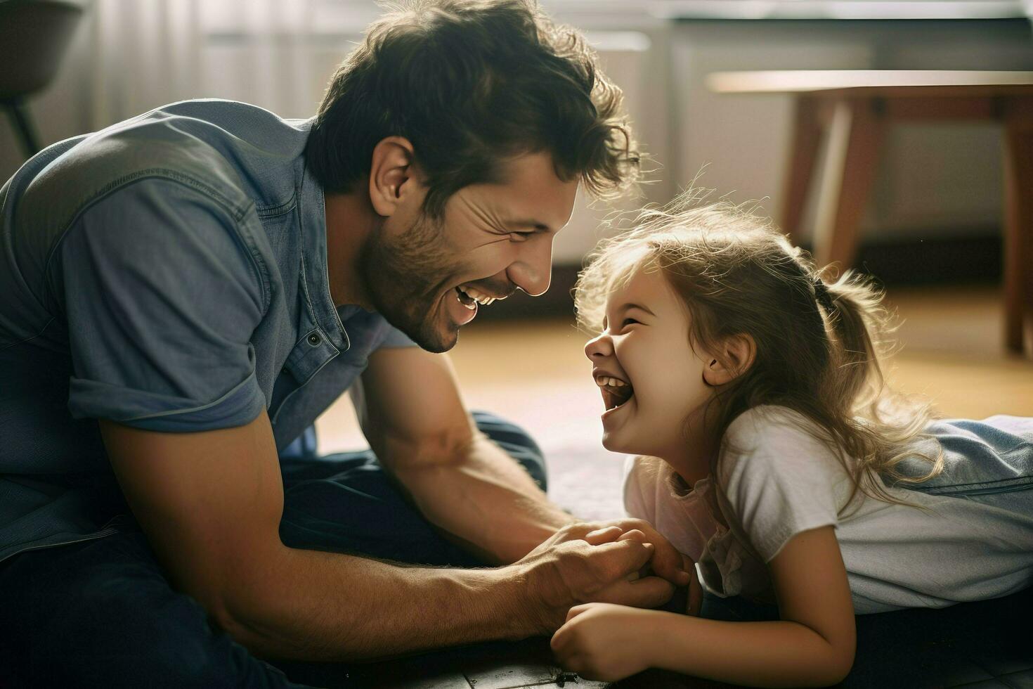 ai généré espiègle fille pincement de bonne humeur du père des joues sur sol à Accueil ai généré photo