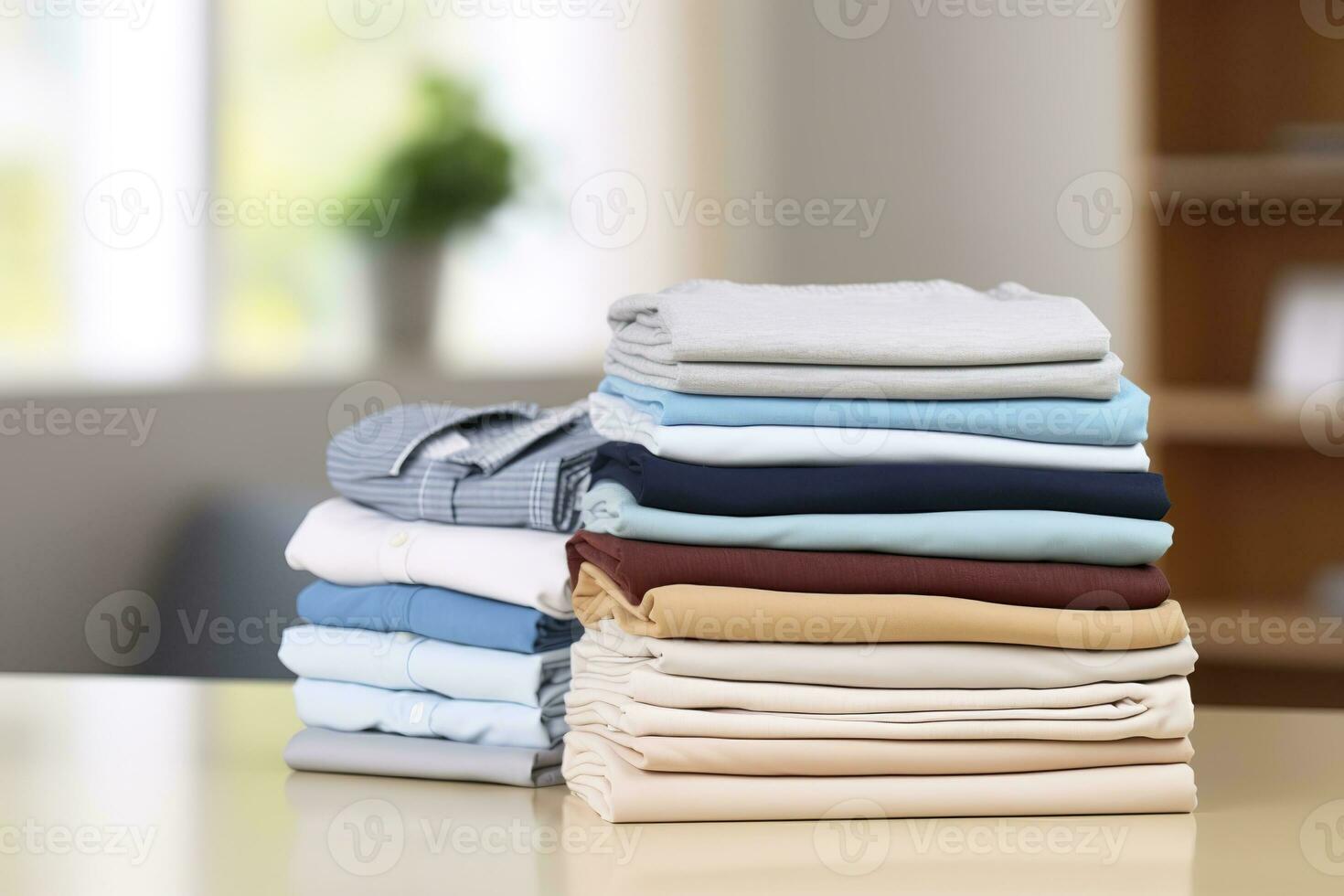 ai généré empiler de nettoyer vêtements sur table dans chambre. génératif ai photo