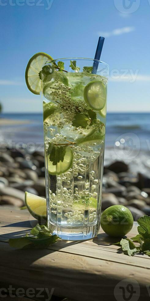 ai généré étourdissant photo de cocktail Mojito, une ensoleillé été plage dans le Contexte. génératif ai