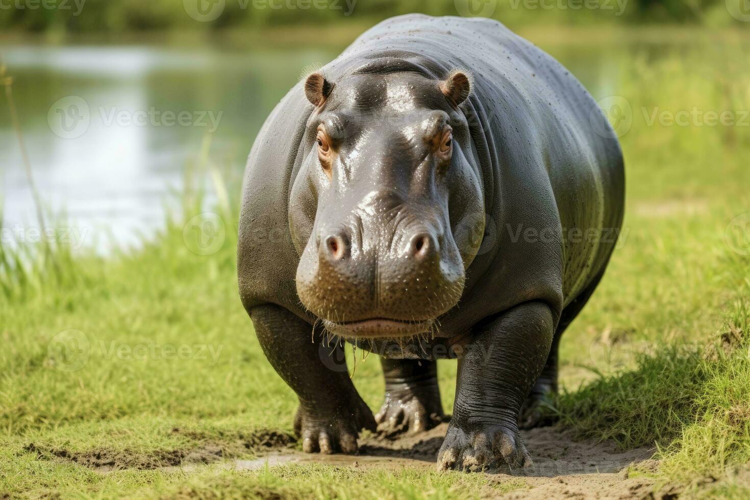 ai généré hippopotame en marchant dans une vert champ. ai généré photo