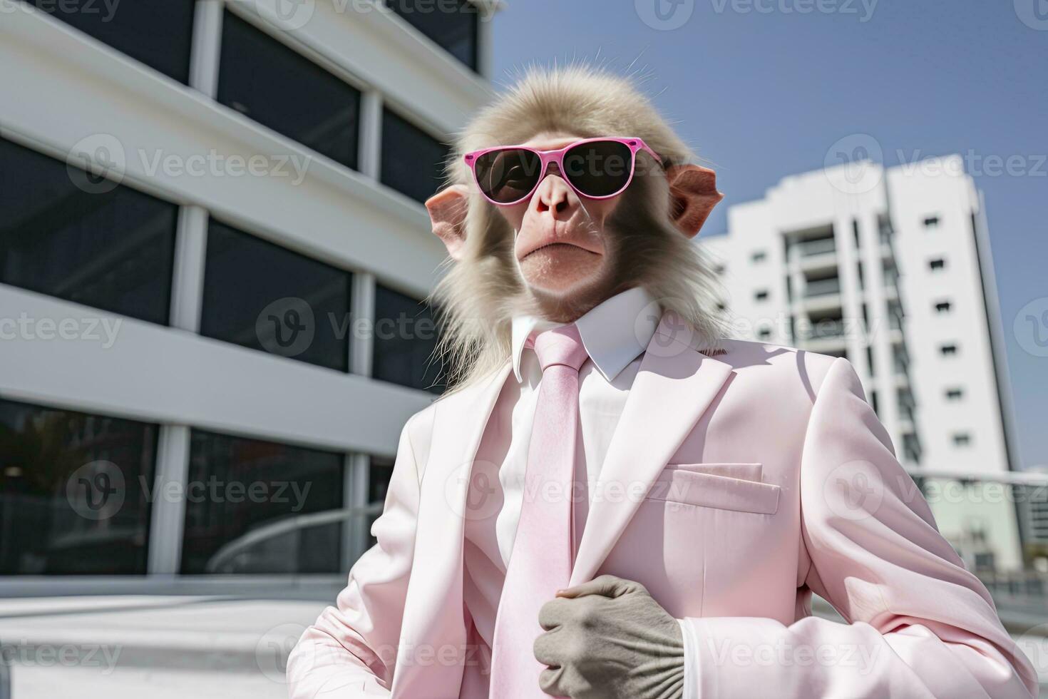 ai généré une singe est portant des lunettes de soleil, costume et permanent sur rue. ai généré photo
