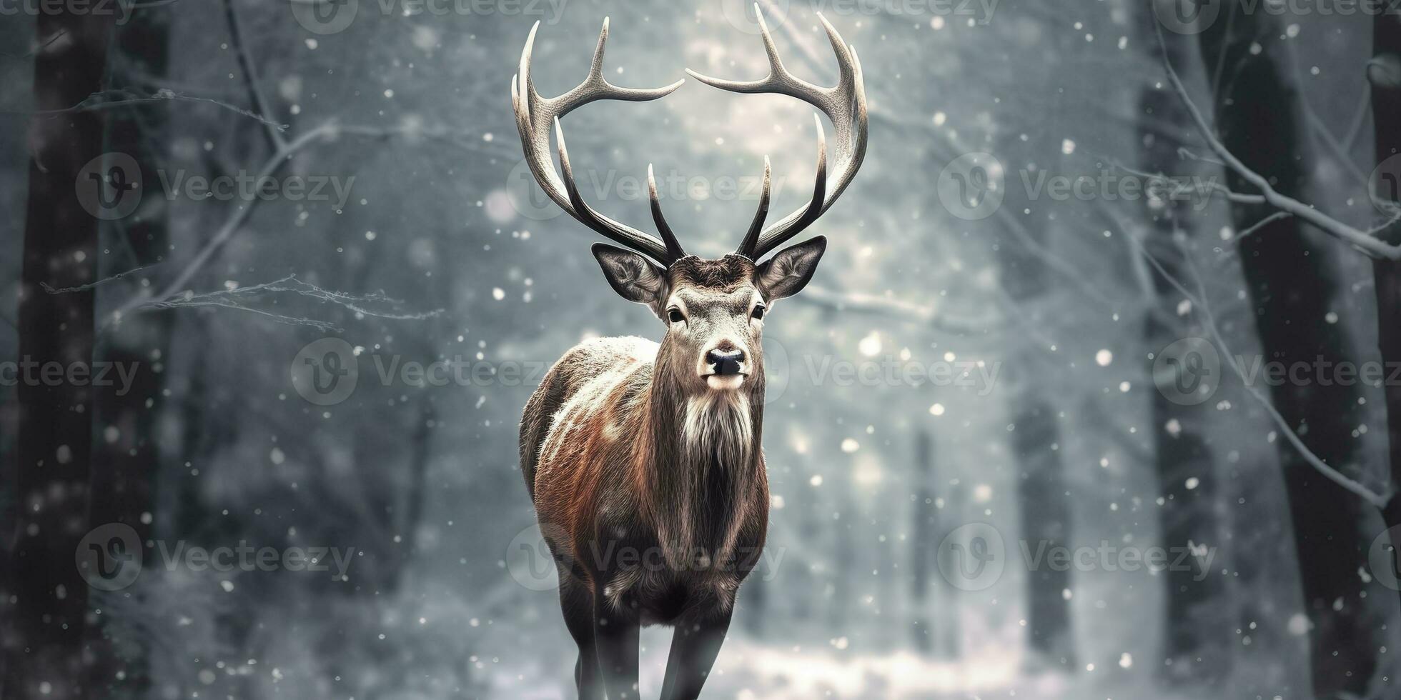 ai généré noble cerf Masculin dans le hiver neige forêt. artistique hiver Noël paysage. ai généré photo