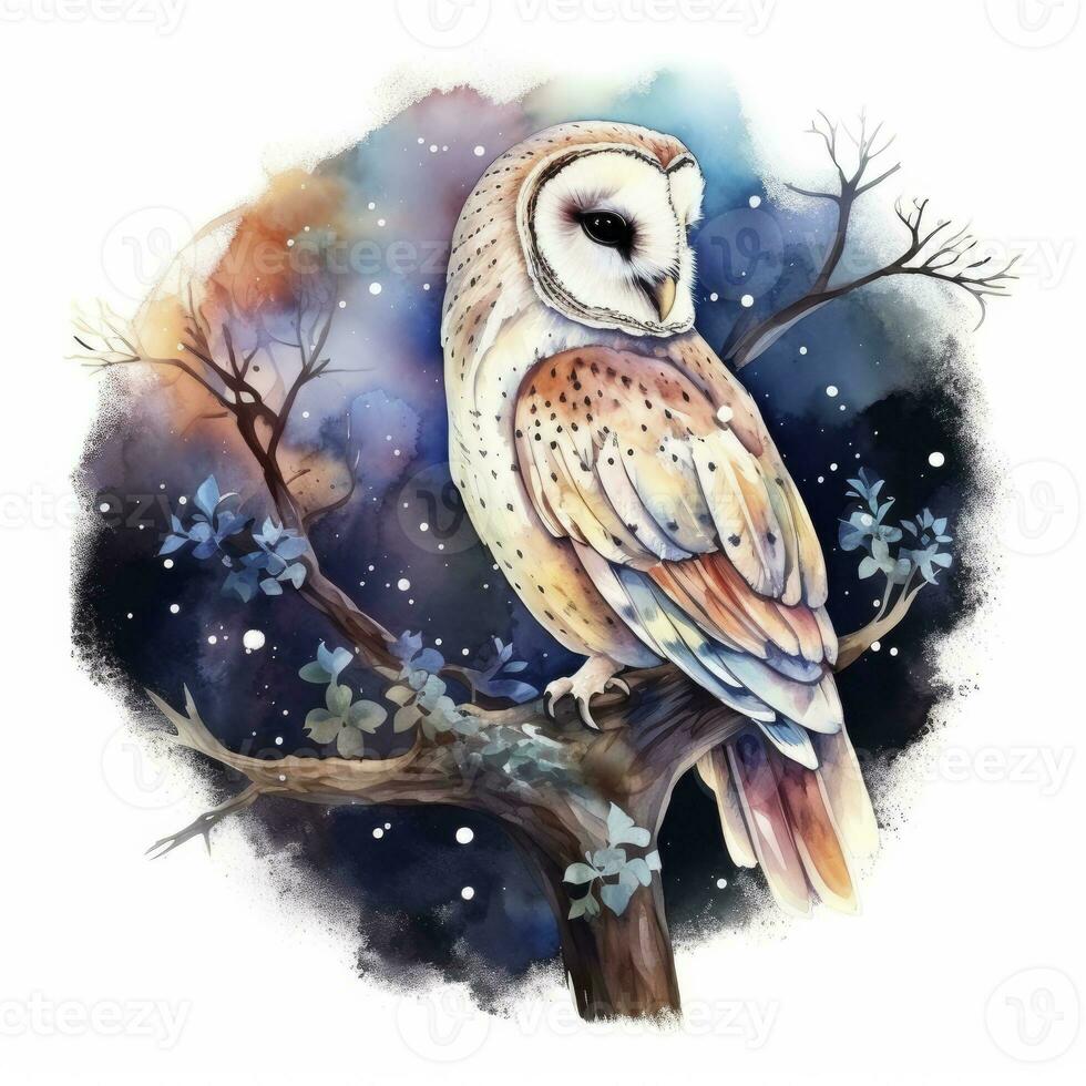 ai généré aquarelle magique hibou séance sur une arbre branche pour T-shirt conception. ai généré photo