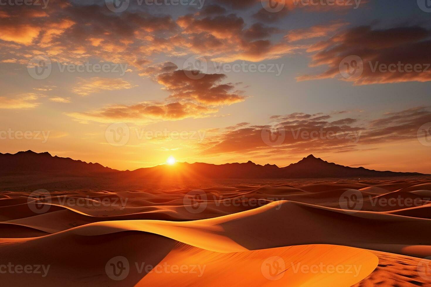 ai généré magnifique la nature paysage dans arabe désert à le coucher du soleil photo