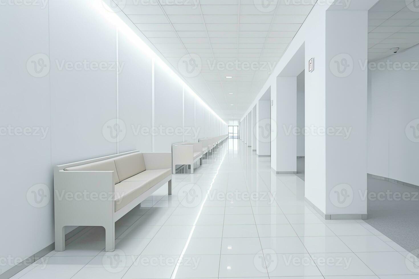 ai généré intérieur conception de une moderne luxueux blanc bâtiment couloir ou couloir avec attendre siège. ai généré photo