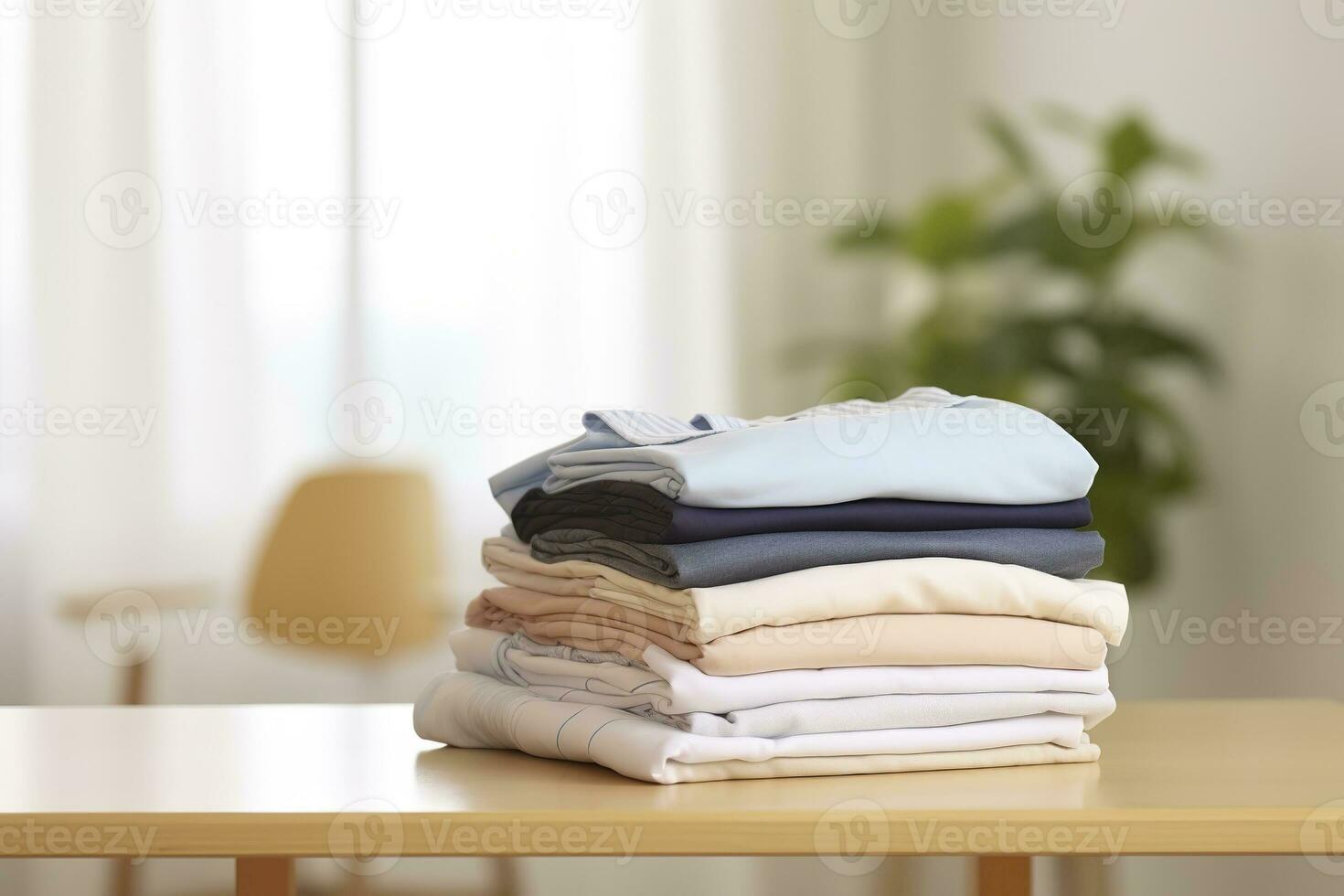 ai généré empiler de nettoyer vêtements sur table dans chambre. génératif ai photo