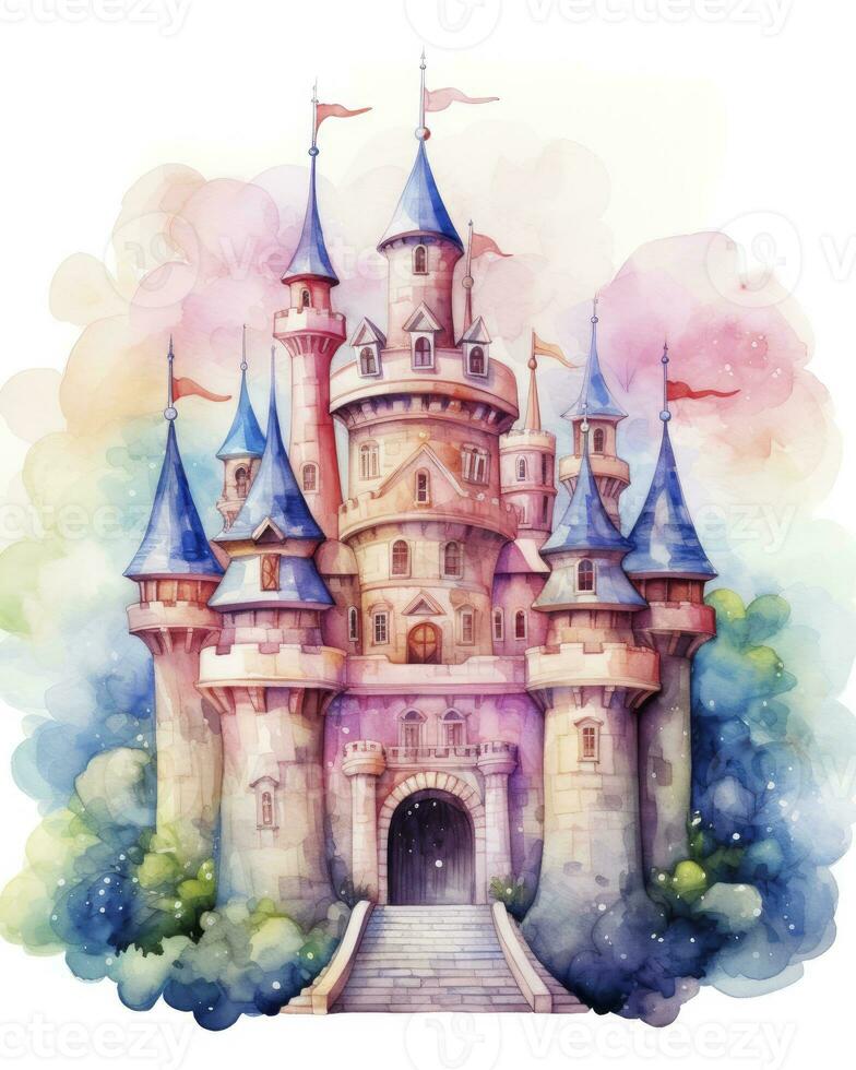 ai généré coloré aquarelle kawaii Château isolé sur blanc Contexte. ai généré photo