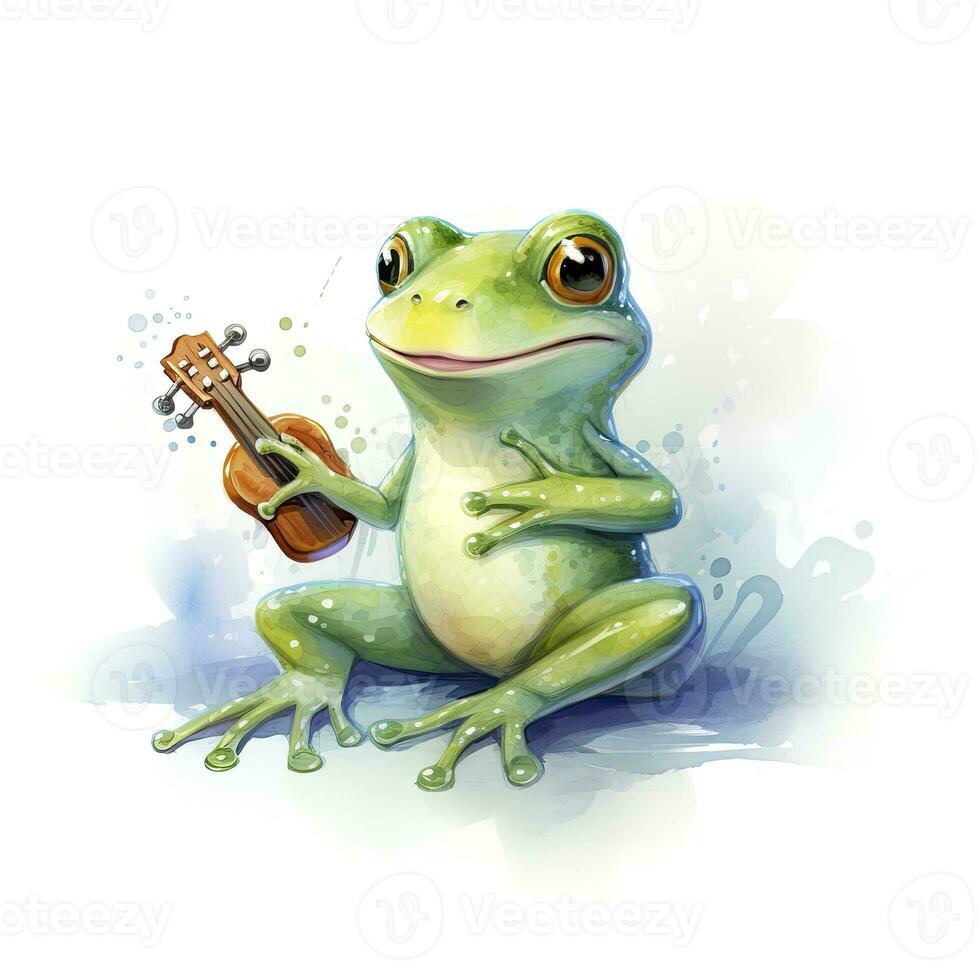 ai généré aquarelle vert grenouille en jouant une minuscule musical instrument sur blanc Contexte. ai généré photo