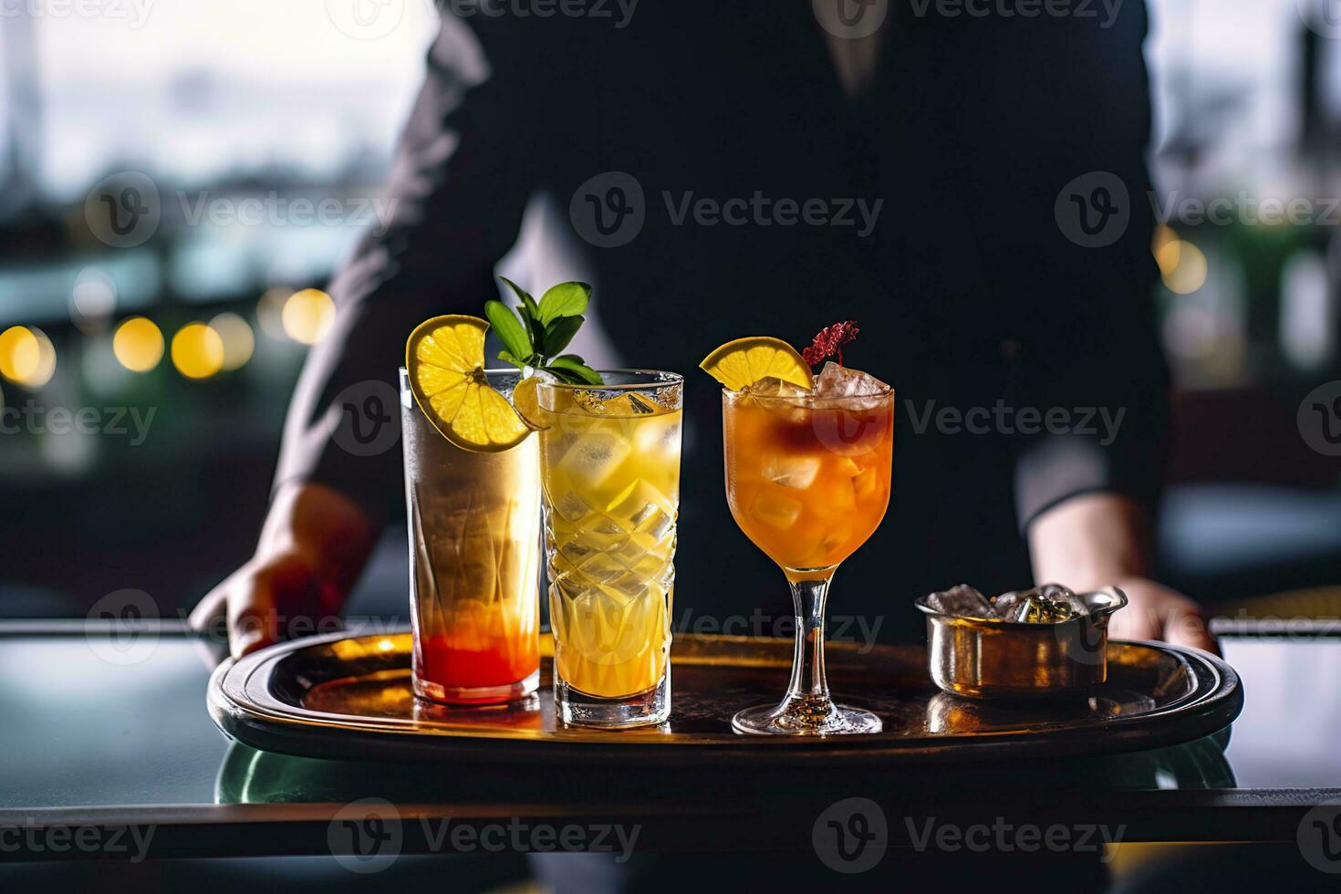 ai généré des lunettes de l'alcool cocktail ensemble sur une serveur plateau dans bar. ai généré photo