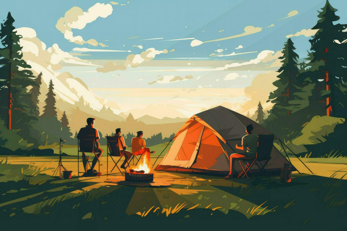 ai généré ami profiter une été camping avec amis, elles ou ils sont à la recherche à caméra et souriant, copains profiter une été camping ai généré photo