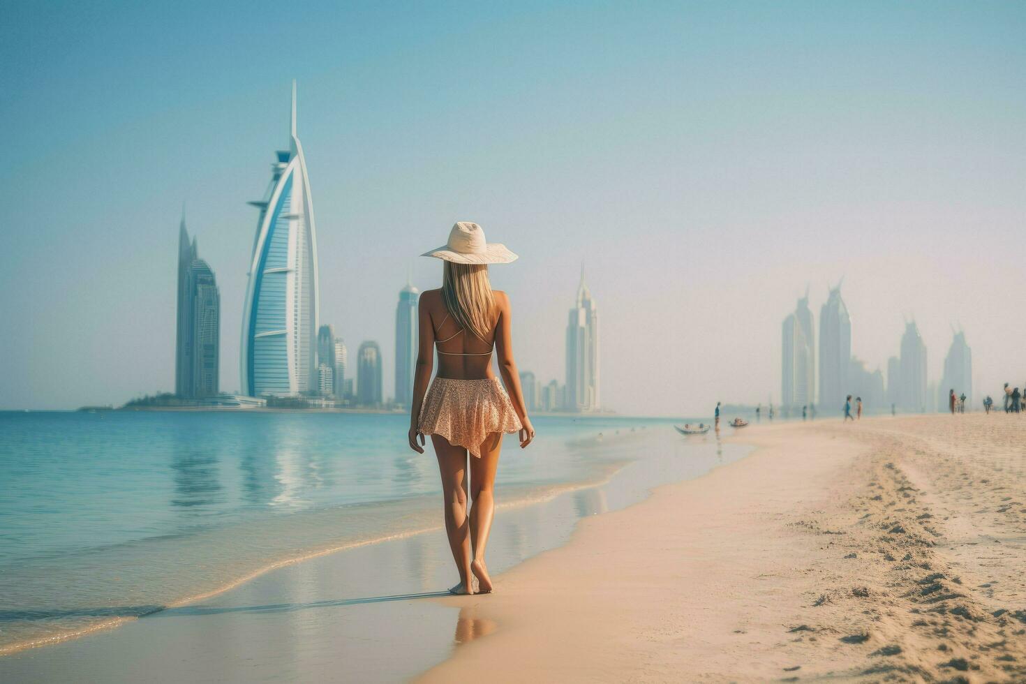 ai généré magnifique Jeune femme est en marchant sur le plage dans Dubai ai généré photo