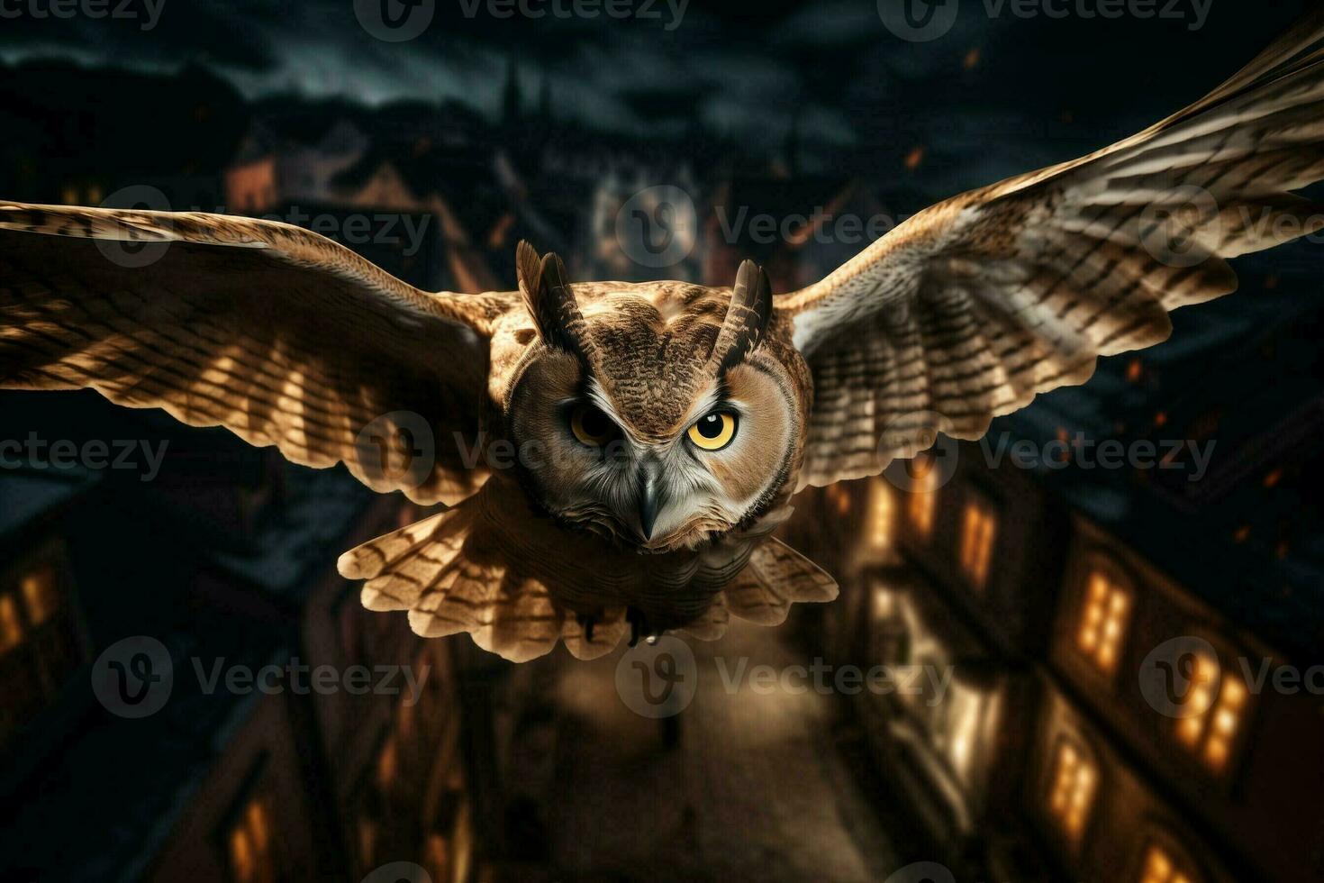 ai généré un hibou en volant plus de une ville à nuit photo