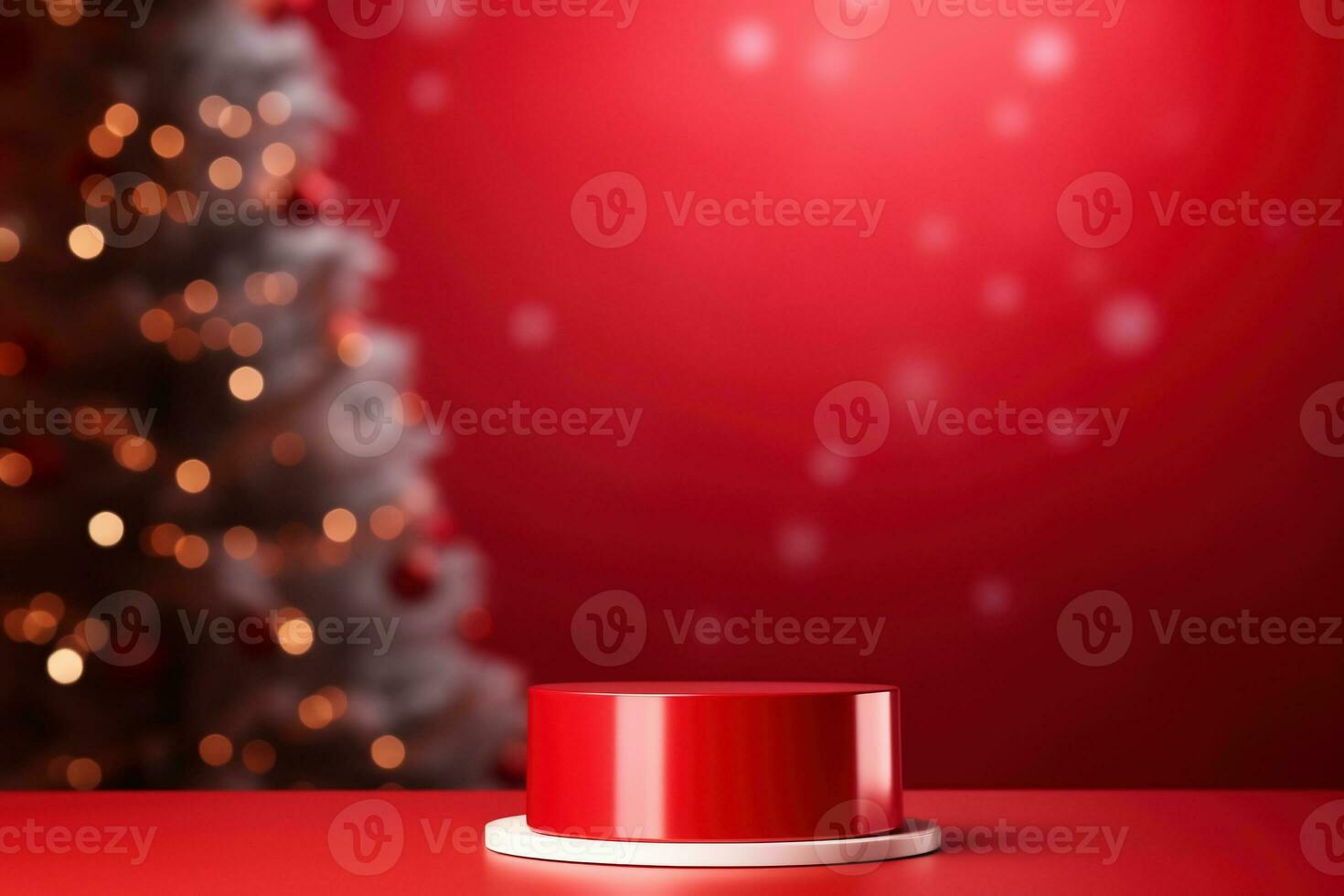 ai généré vide rouge podium sur une rouge Contexte avec flou bokeh Noël des arbres. piédestal ou étape moquer en haut pour votre produit. photo