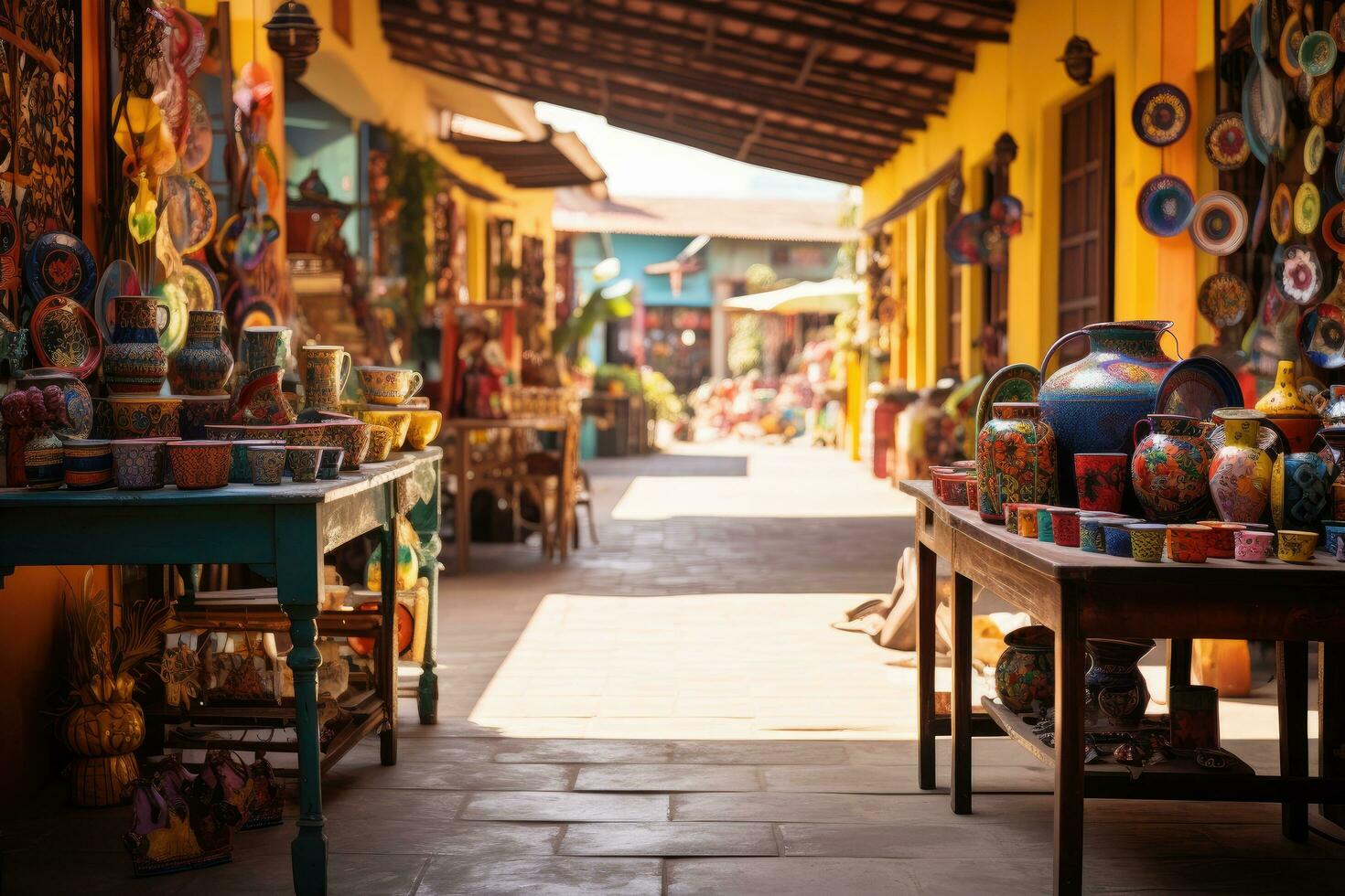 ai généré coloré souvenir magasin sur le rue dans le vieux ville, une coloré artisan marché dans une Sud américain ville, ai généré photo