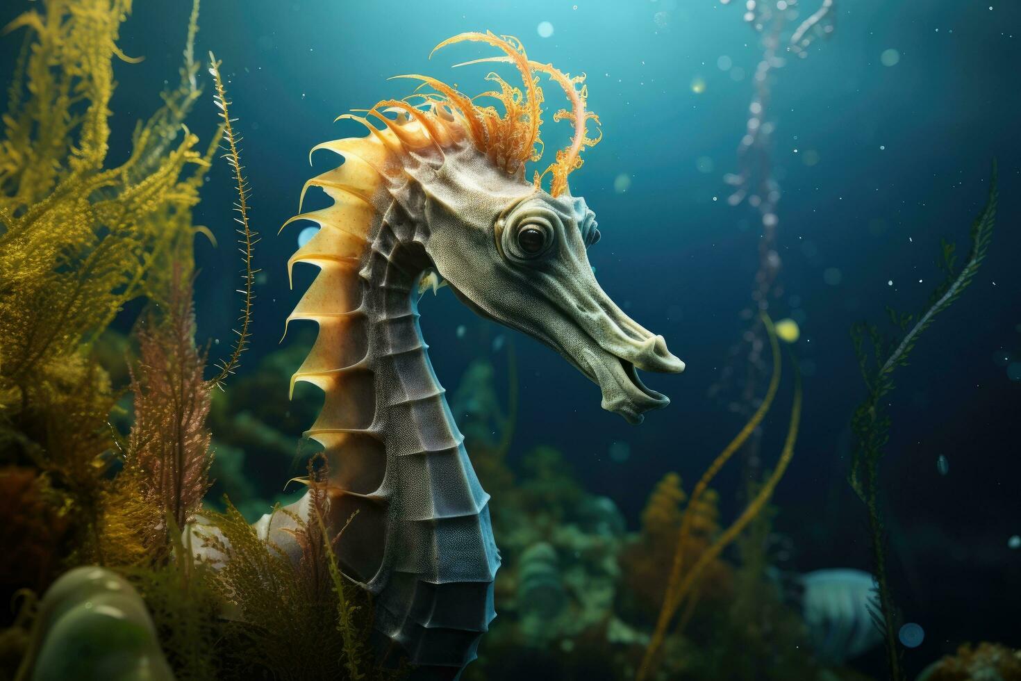 ai généré hippocampe dans aquarium. sous-marin monde. 3d rendre, une fermer de une hippocampe navigation par sous-marin végétation, ai généré photo