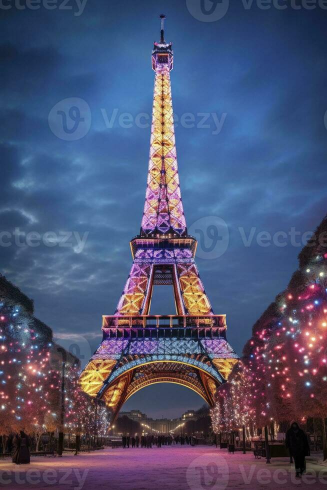 ai généré Noël arbre décoré avec éclairage près le Eiffel la tour dans Paris photo