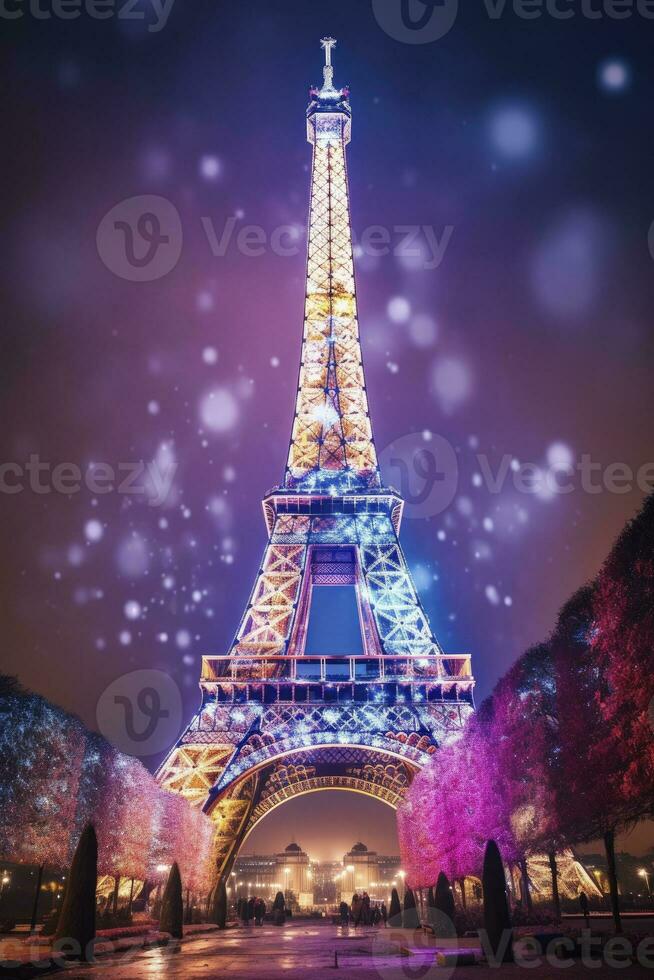 ai généré Noël arbre décoré avec éclairage près le Eiffel la tour dans Paris photo