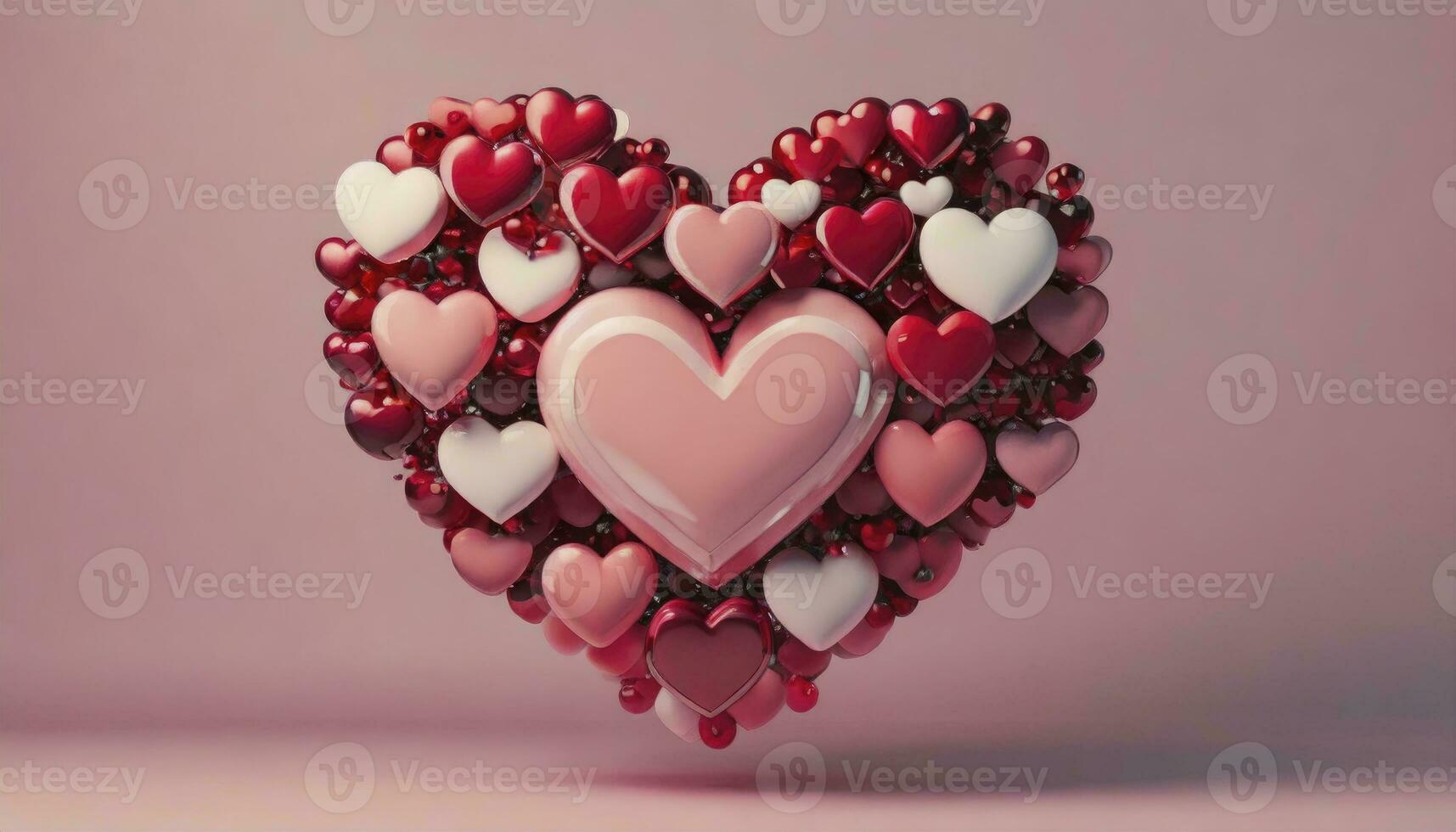 ai généré cœur de sphères. une multicolore composition de rose, rouge verre, et métallique sphères formant une cœur forme, ouvré dans une 3d rendu afficher de l'amour et harmonie. photo