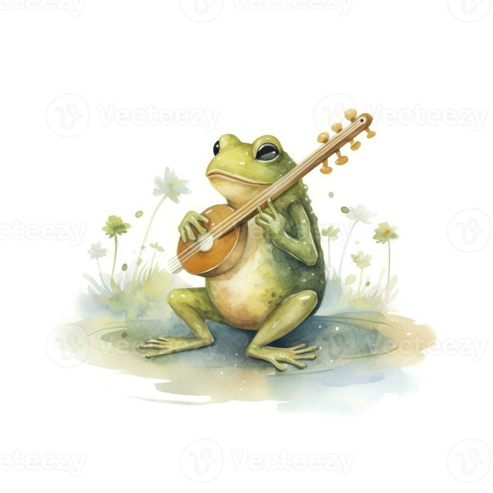 ai généré aquarelle vert grenouille en jouant une minuscule musical instrument sur blanc Contexte. ai généré photo