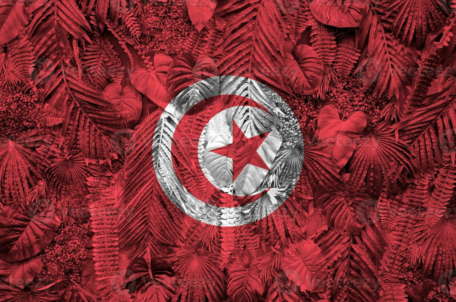Tunisie drapeau représenté sur beaucoup feuilles de monstera paume des arbres. branché à la mode toile de fond photo