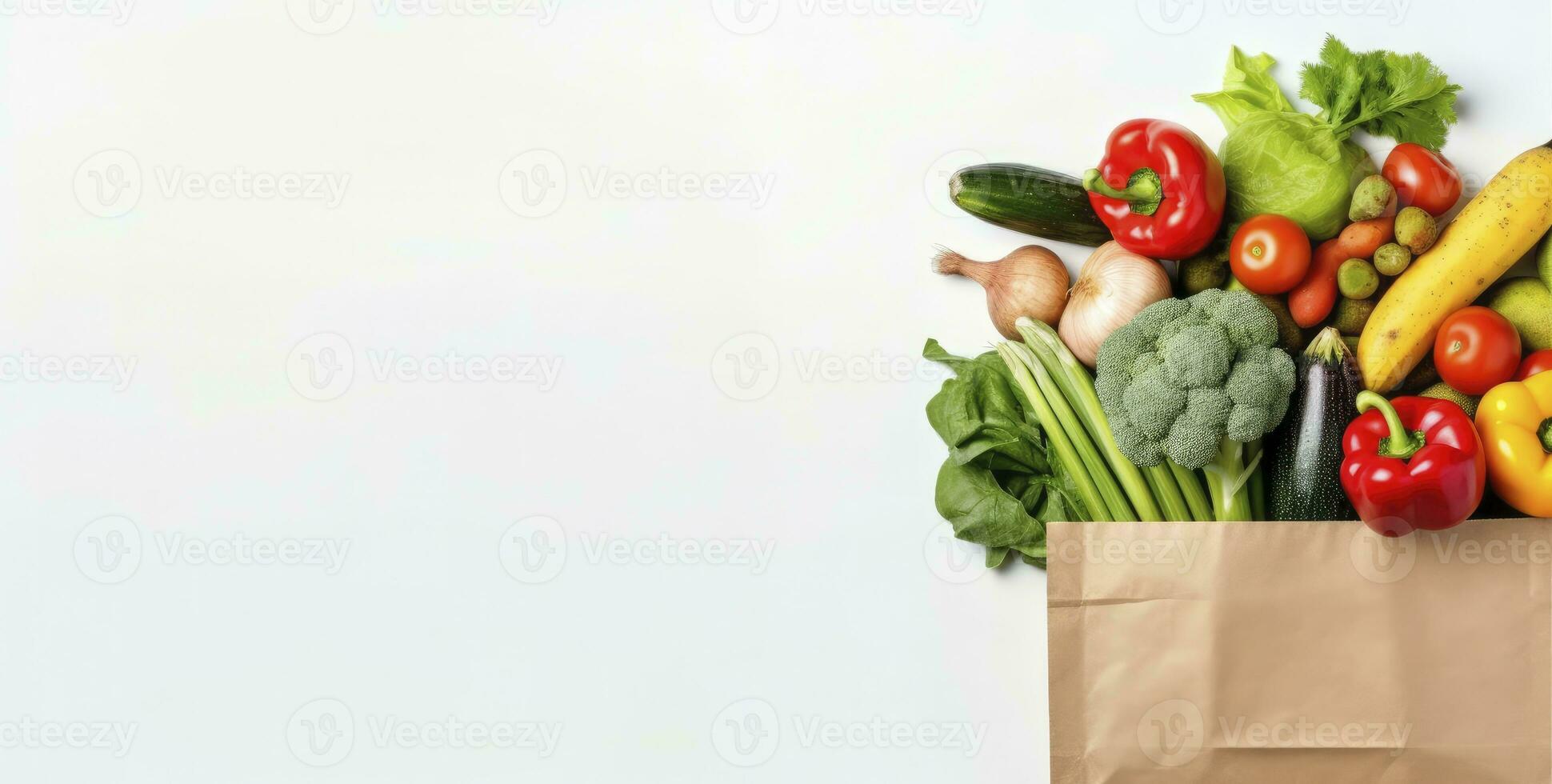 ai généré en bonne santé nourriture dans papier sac des légumes et des fruits sur blanc Contexte. ai généré photo