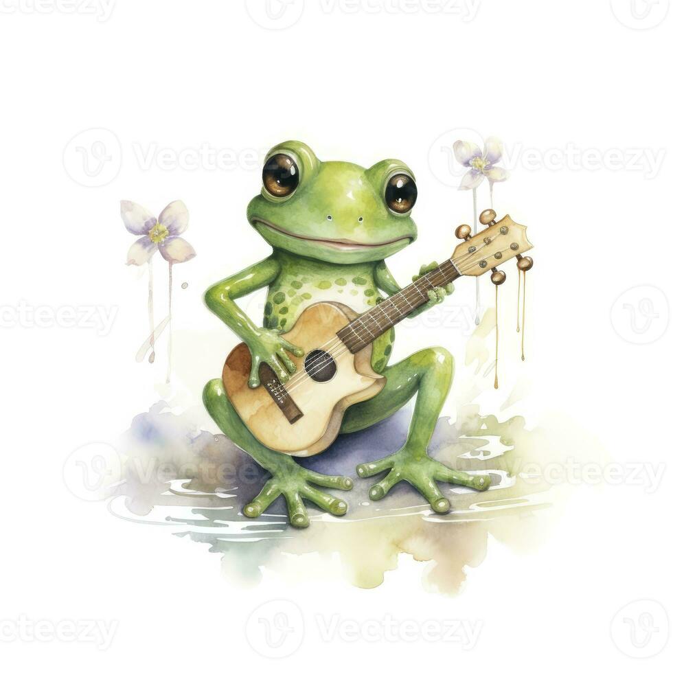 ai généré aquarelle vert grenouille en jouant une minuscule musical instrument sur blanc Contexte. ai généré photo