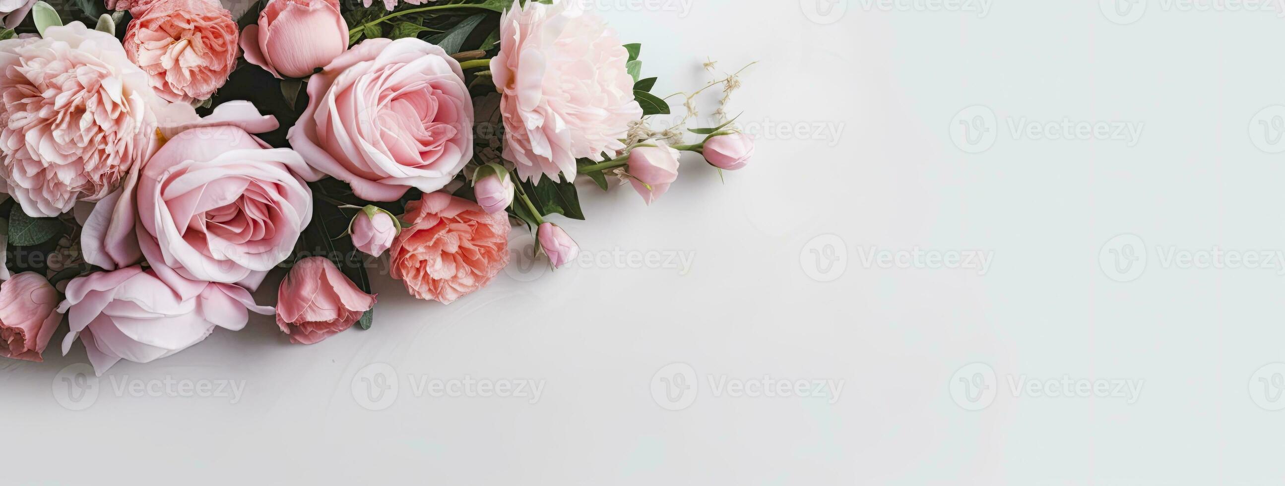 ai généré Frais bouquet de rose pivoines et des roses avec copie espace. ai généré photo