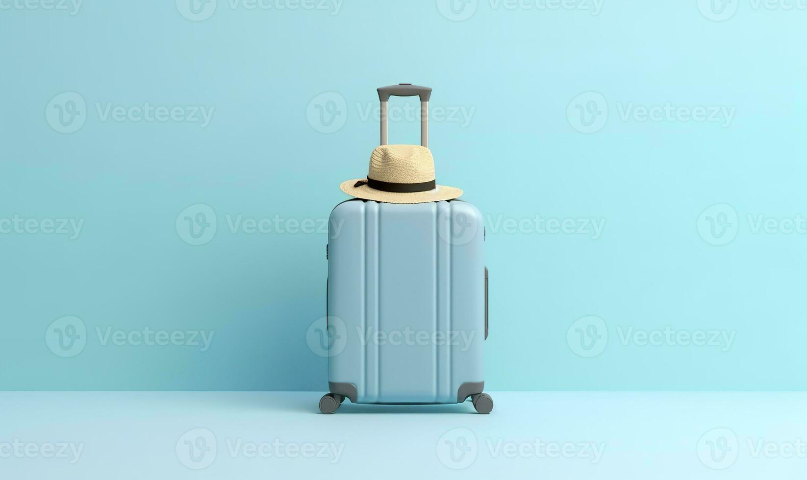 ai généré bleu valise avec des lunettes de soleil sur une pastel bleu Contexte. Voyage concept. génératif ai photo