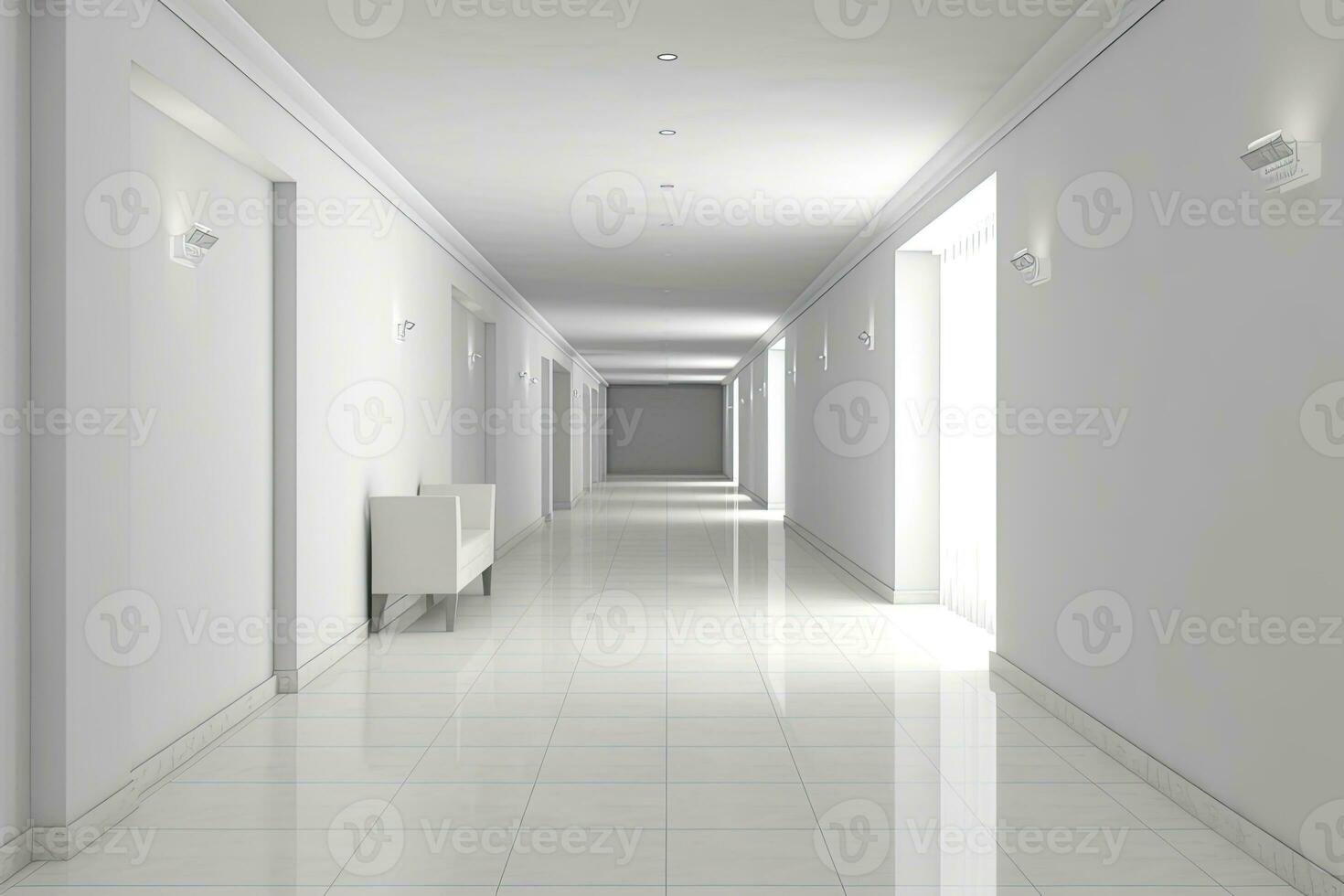 ai généré intérieur conception de une moderne luxueux blanc bâtiment couloir ou couloir avec attendre siège. ai généré photo