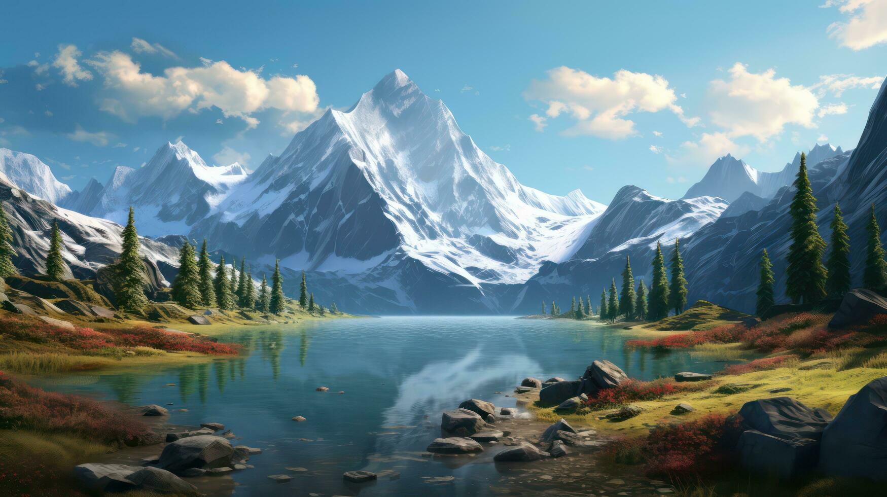 ai généré paysage avec Lac et neigeux montagnes. génératif ai photo