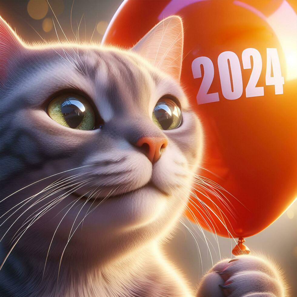 ai généré mignonne chats sont content à Bienvenue le année 2024 photo