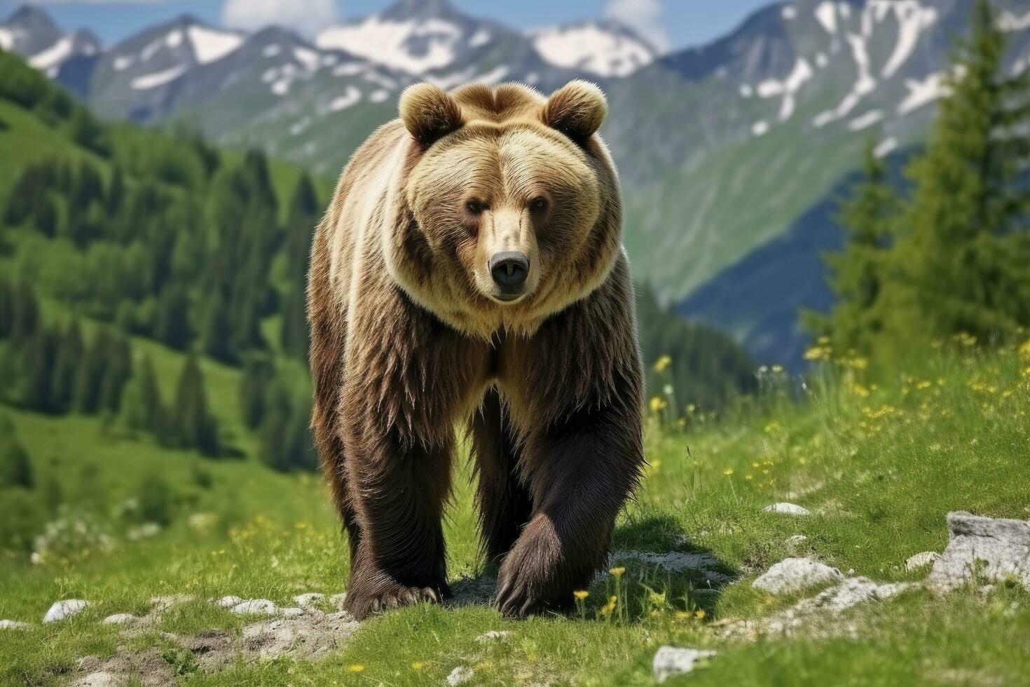 ai généré marron ours en mouvement sur le vert Prairie dans printemps la nature. ai généré photo