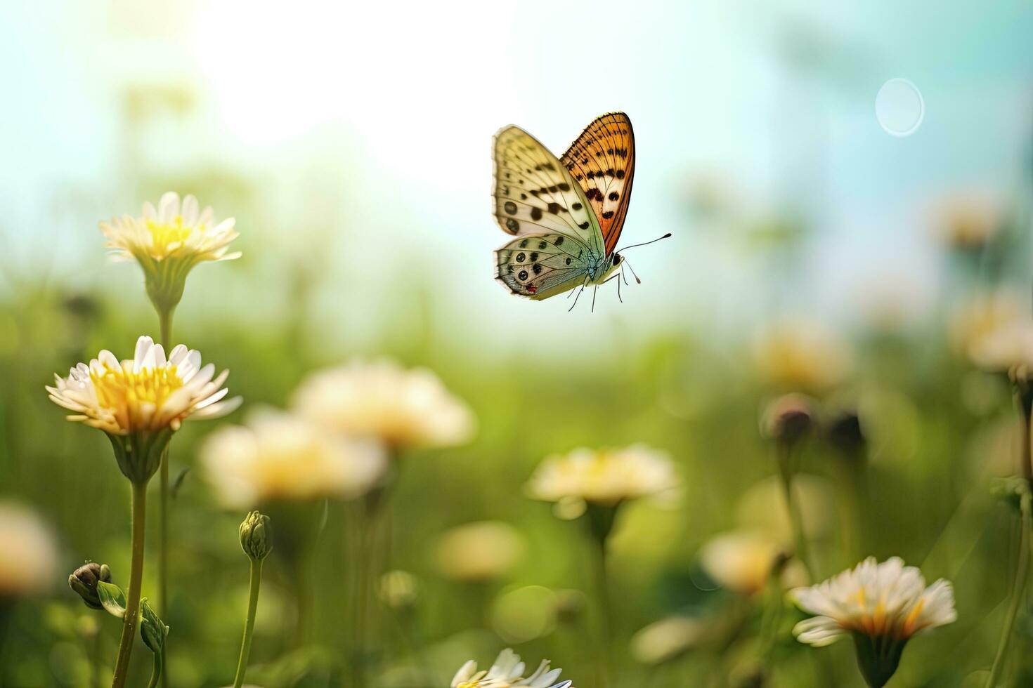 ai généré papillon en volant plus de le prairie. ai généré photo