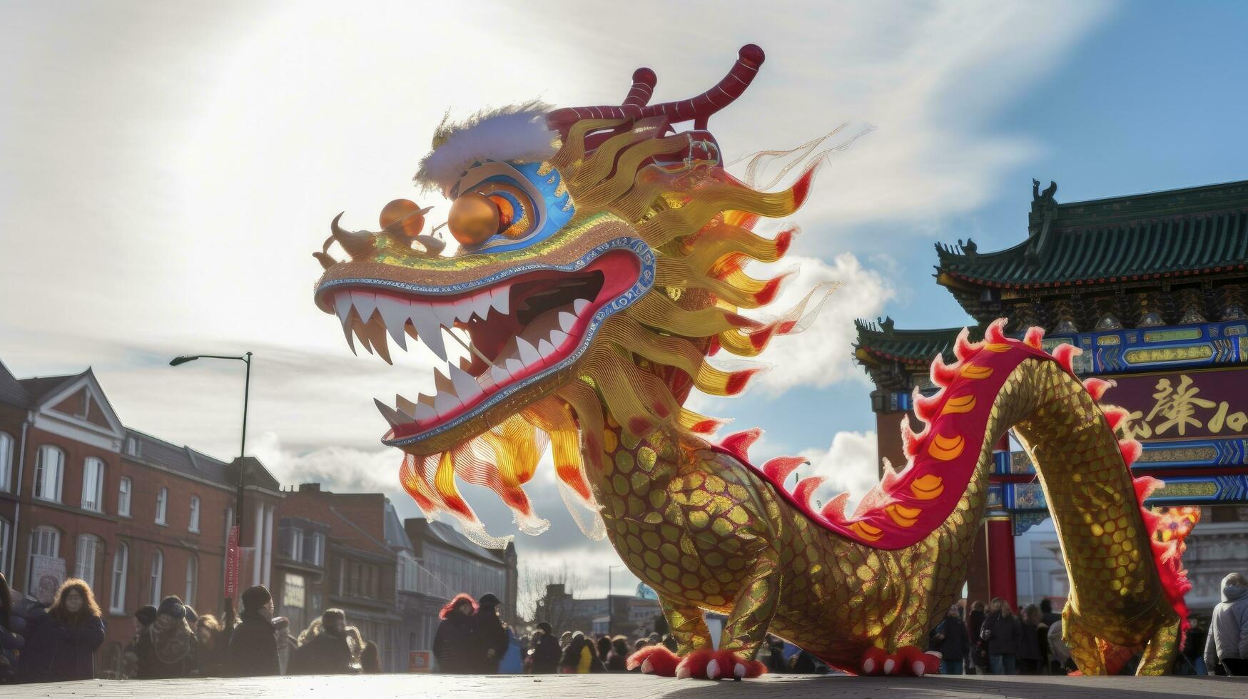 ai généré chinois dragon en dessous de une brillant ciel. ai généré photo