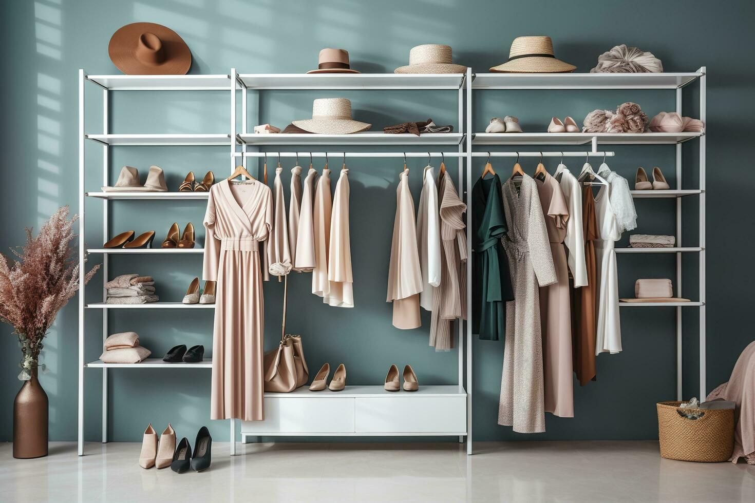 ai généré élégant femelle vêtements et des chaussures dans une boutique. génératif ai photo