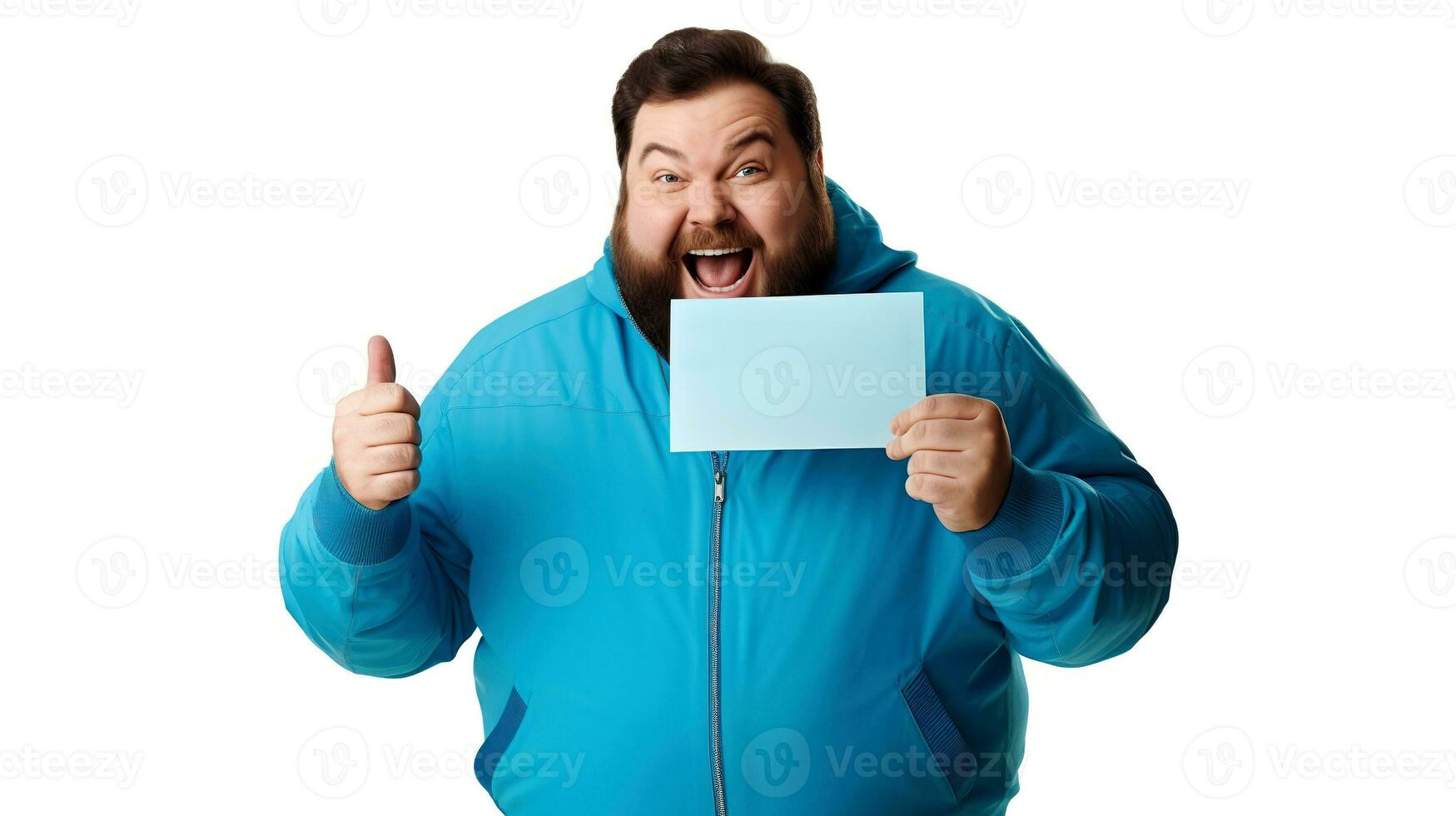 ai généré content graisse homme avec Pouce en l'air geste souriant à caméra sur blanc isolé studio Contexte en surpoids plus Taille gros graisse en forme homme porter bleu chandail avec carte pour modèle dans le main. photo