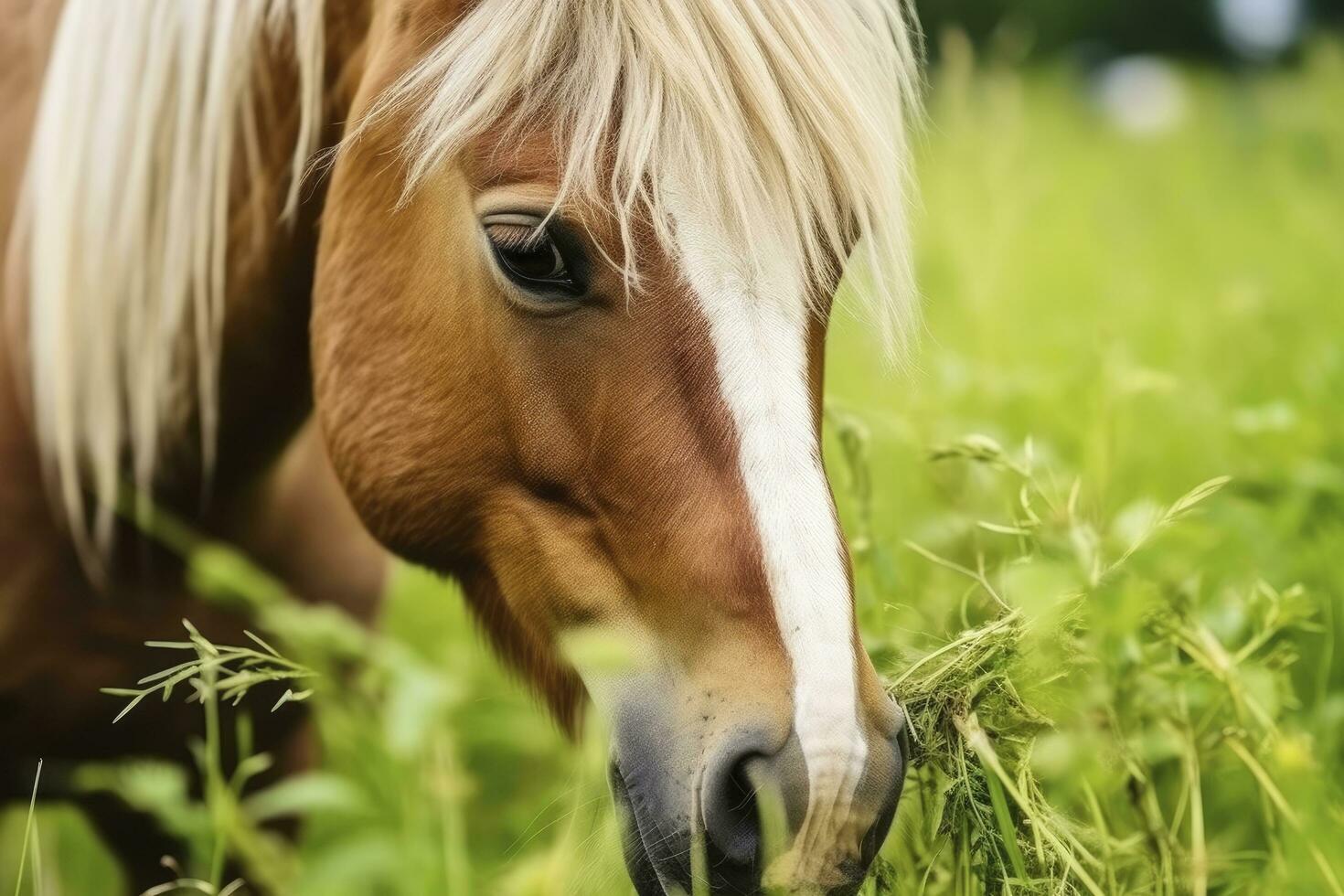 ai généré marron cheval avec blond cheveux mange herbe sur une vert Prairie détail de le diriger. ai généré photo