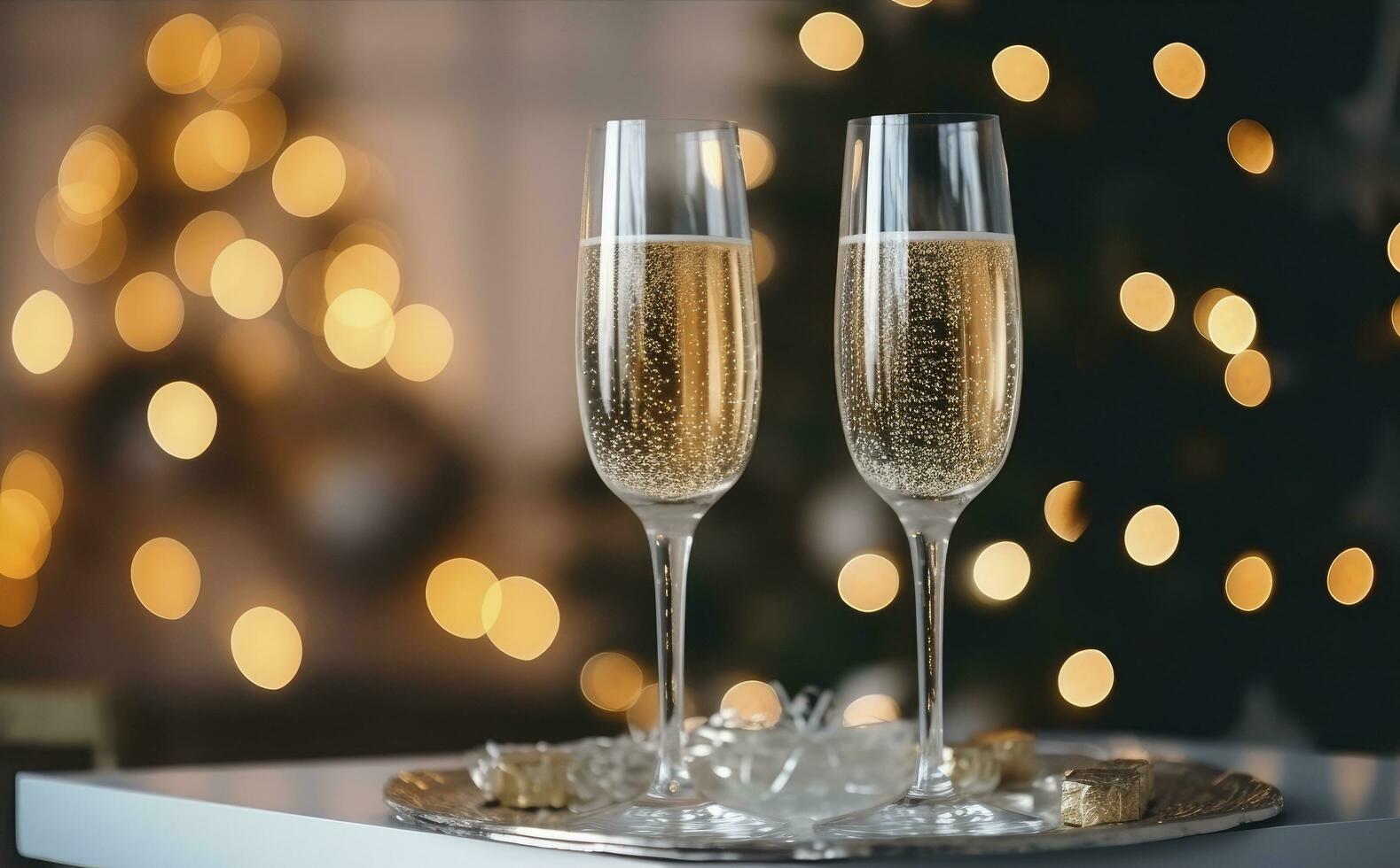 ai généré des lunettes avec Champagne sur le Contexte de Noël décorations. ai généré photo