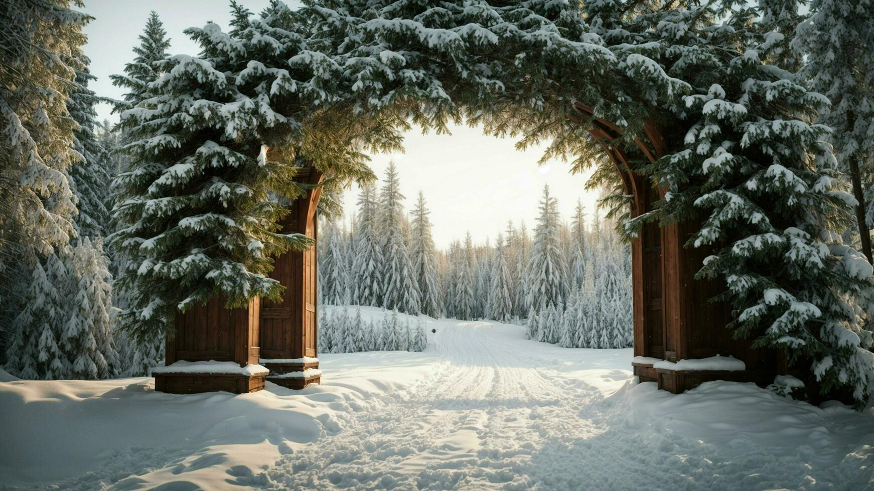 ai généré chargé de neige à feuilles persistantes arcade construction une captivant composition avec à feuilles persistantes des arbres formant une Naturel arcade couvert dans neige, attrayant les spectateurs à étape dans une hiver pays des merveilles. photo