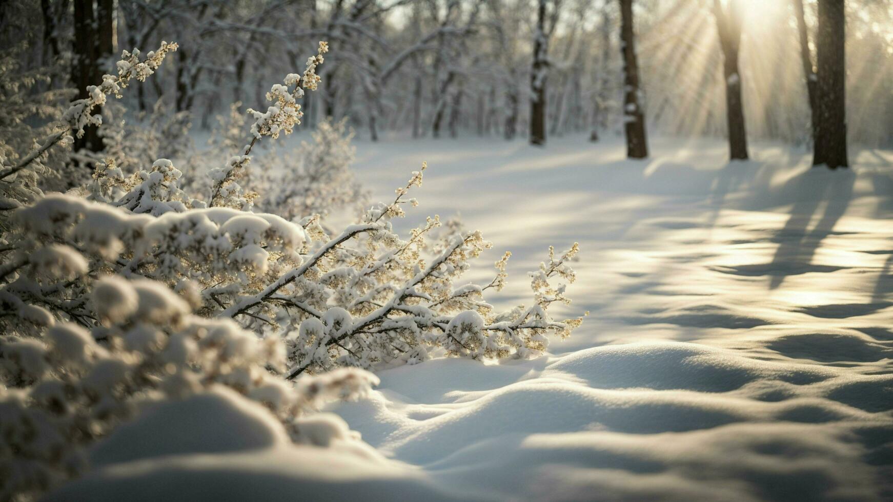 ai généré lumière du soleil filtration par chargé de neige branches Capturer le éthéré qualité de hiver lumière du soleil filtration par dense, couvert de neige branches, moulage une doux et chaud lueur sur le forêt photo