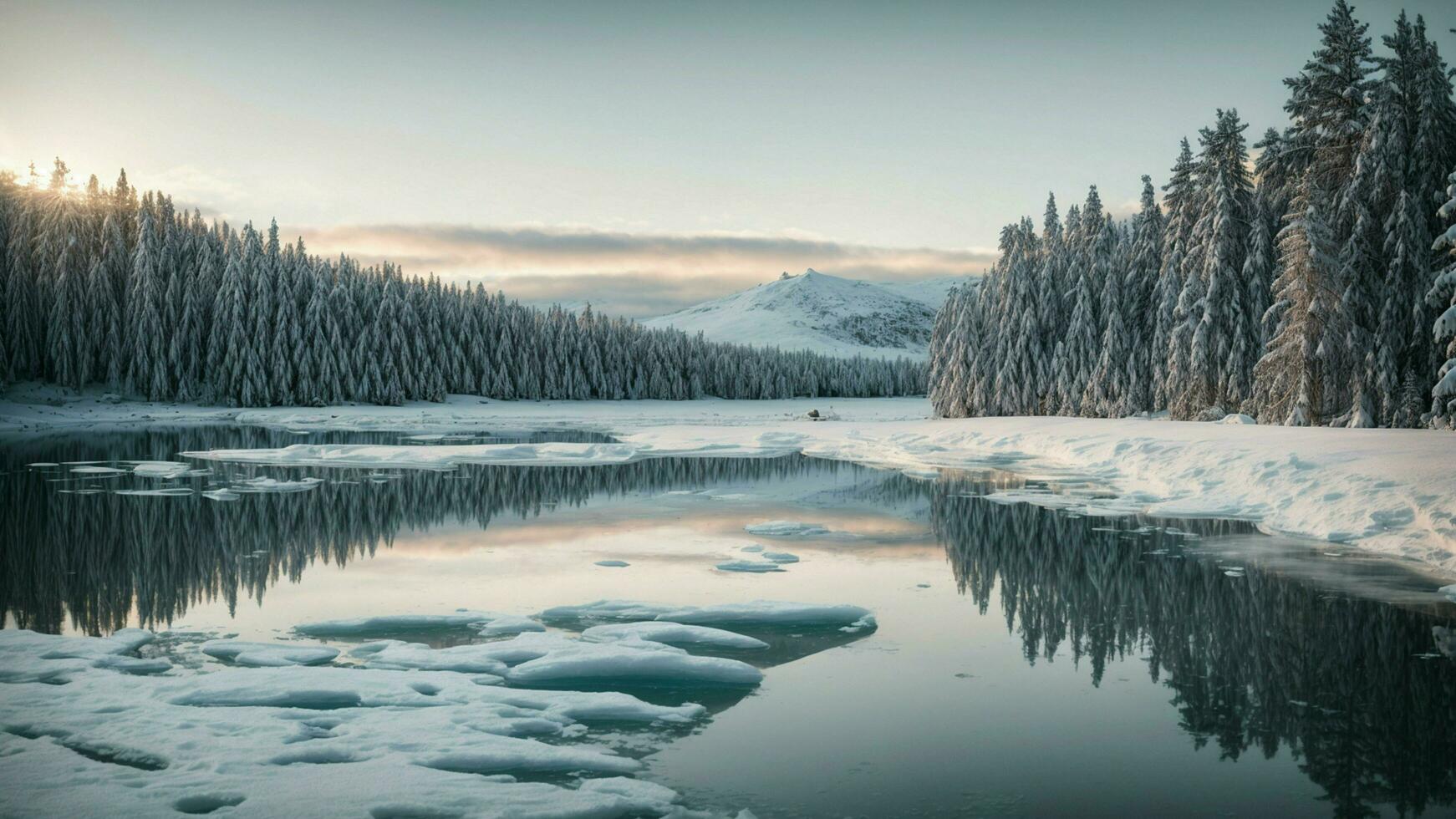 ai généré explorer le sérénité de hiver vitrine une tranquille scène de une congelé Lac entouré par neige chargé pin des arbres, soulignant le immobilité et beauté de le hiver paysage. photo