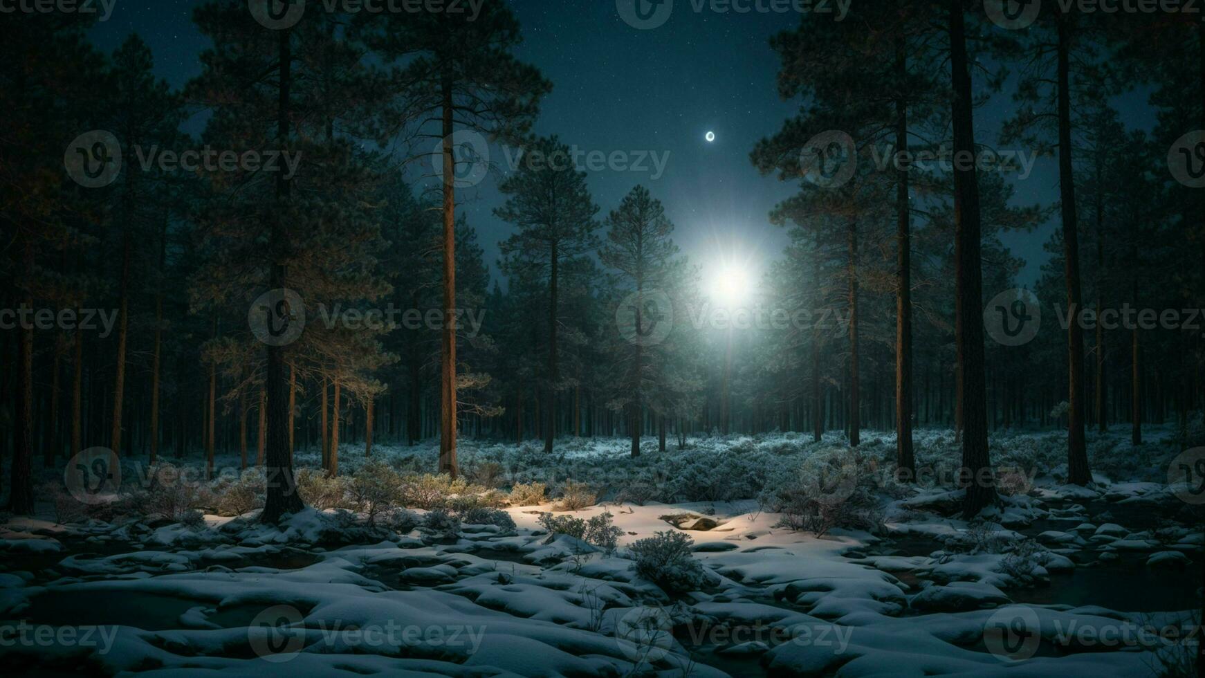 ai généré décris le complexe écosystème de une pin forêt à nuit pendant hiver, mise en évidence le réciproque de clair de lune et ombres. photo