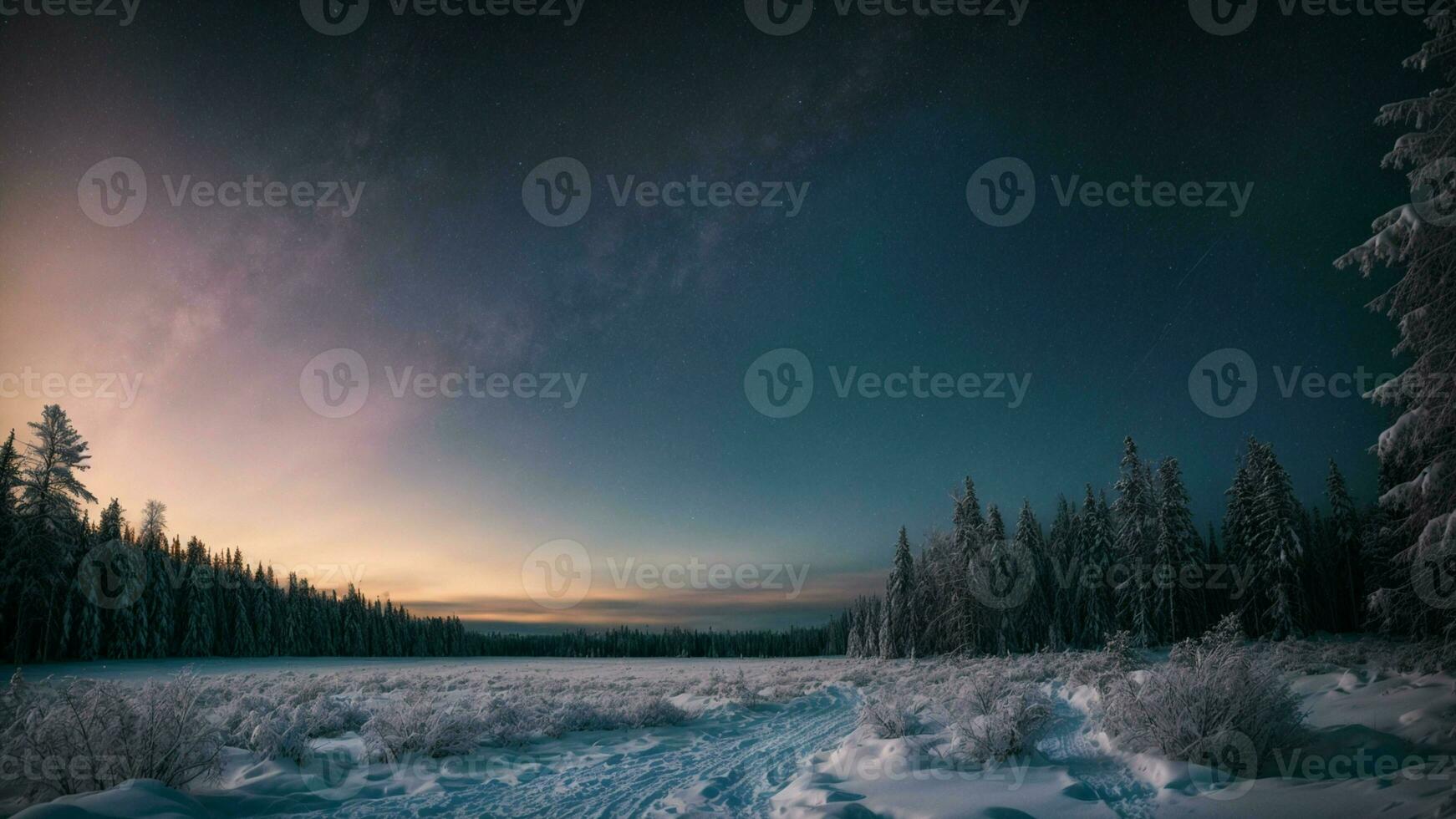 ai généré représenter le transition de journée à nuit dans une hiver forêt, capturer le déplacement teintes de le ciel et le émergence de lumière des étoiles. photo